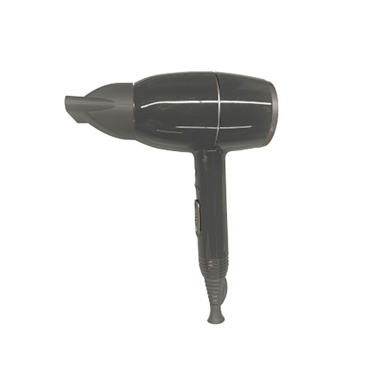 Secador de pelo negro, fondo blanco.