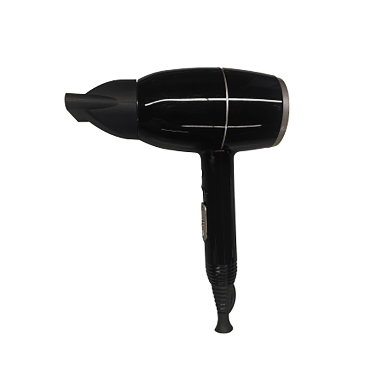 Secador de pelo negro, fondo blanco.