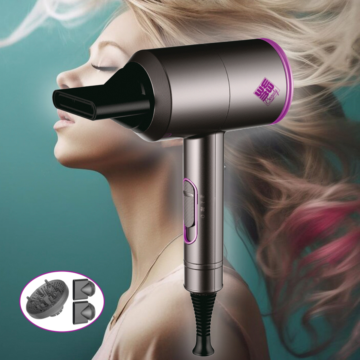 Secador de pelo gris con rostro y cabello de mujer en el fondo y accesorios.