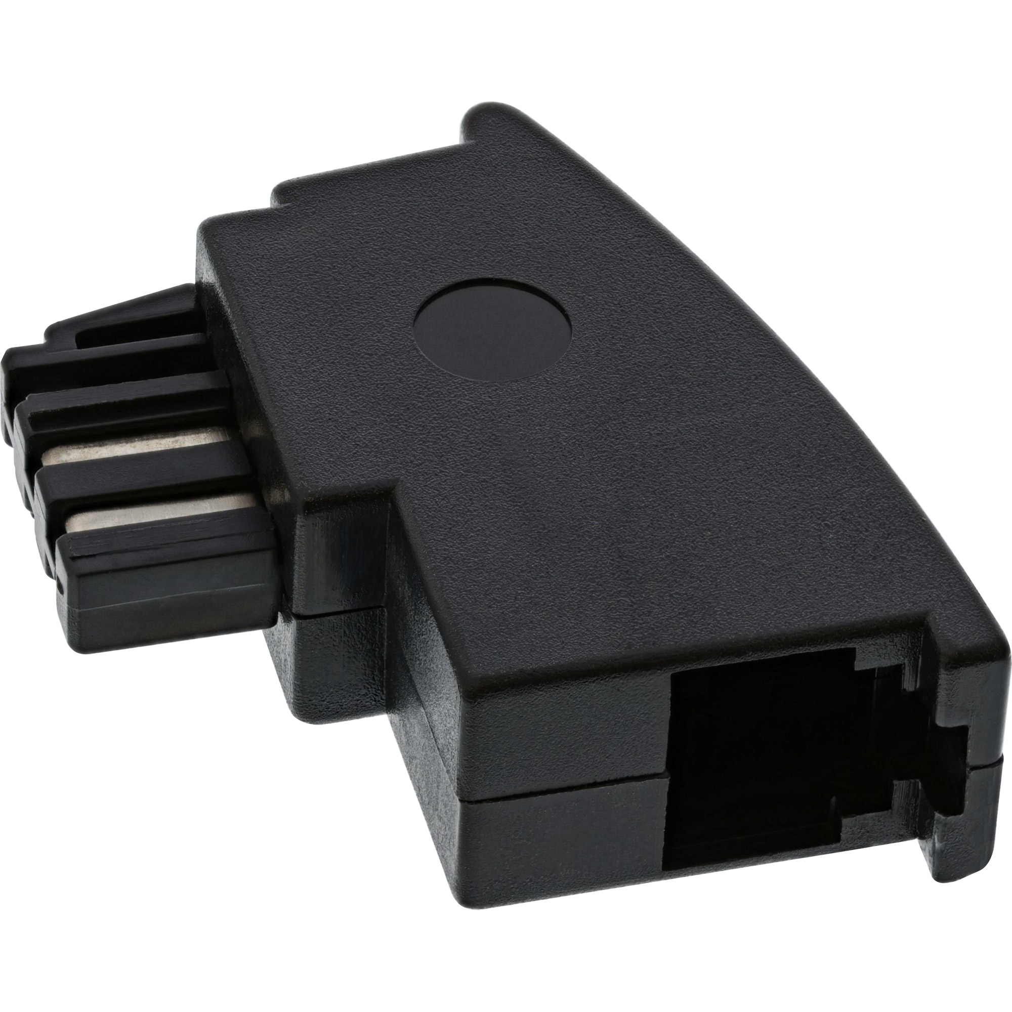 Schwarzer Kunststoff-RJ45-Netzwerkadapter mit rechteckiger Form, weißer Hintergrund.