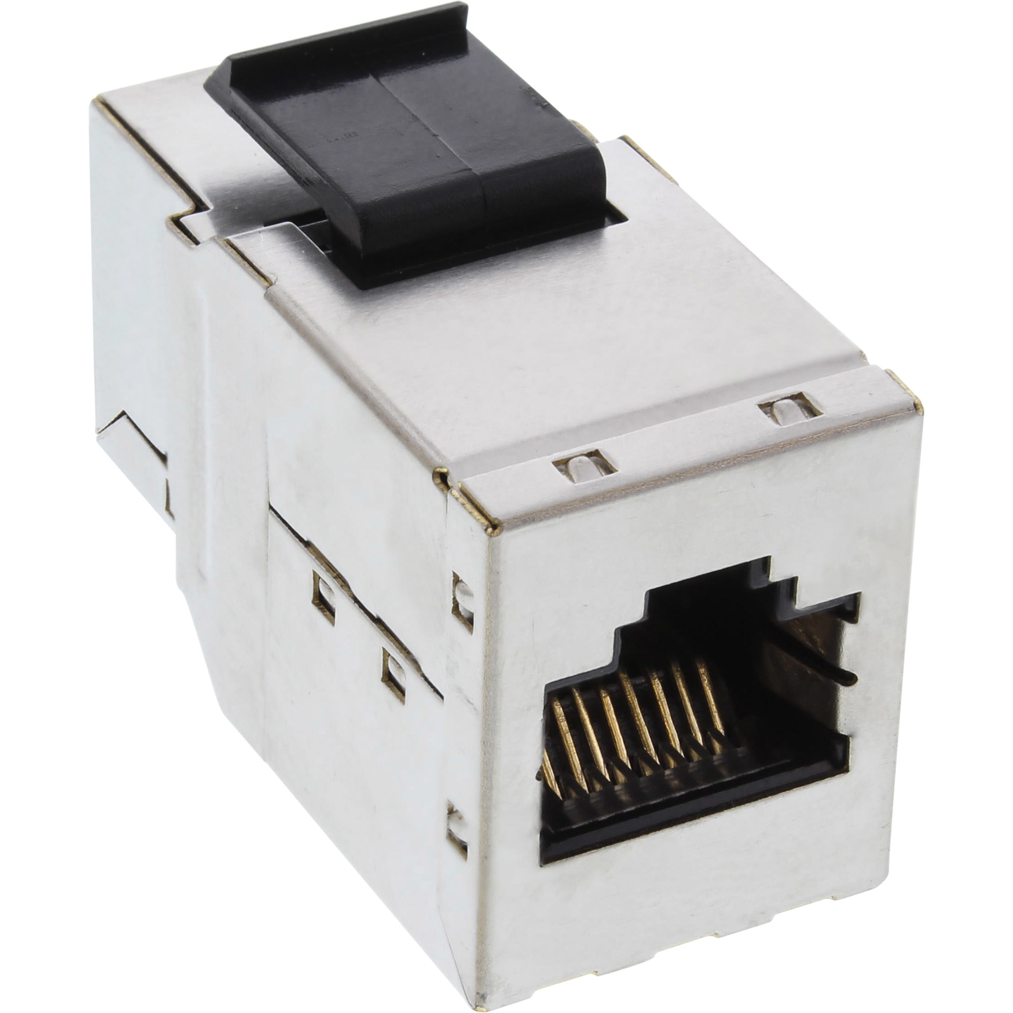 Ein RJ45-Stecker, metallisch, mit schwarzer Kunststoffabdeckung.