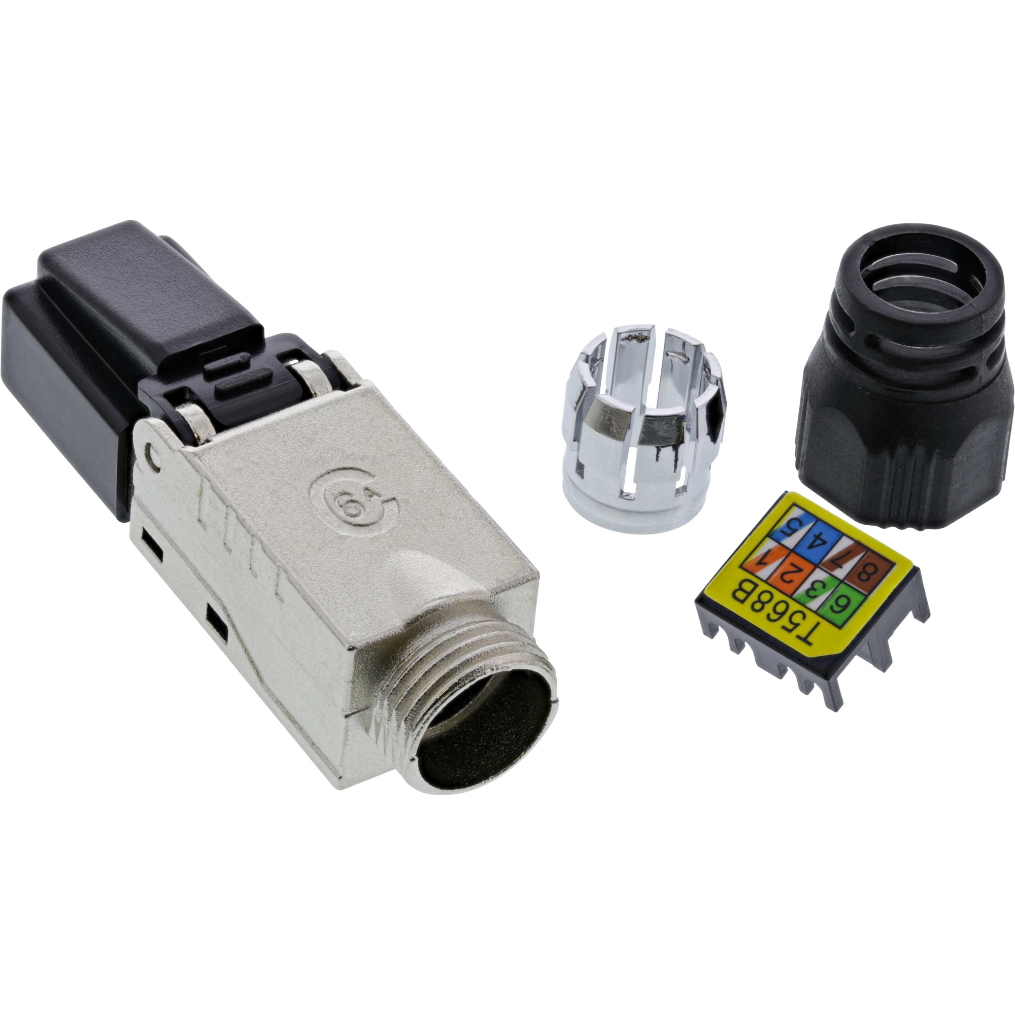 Silberne und schwarze Netzwerkanschluss-Teile: Stecker, Kappe und RJ45-Stecker.