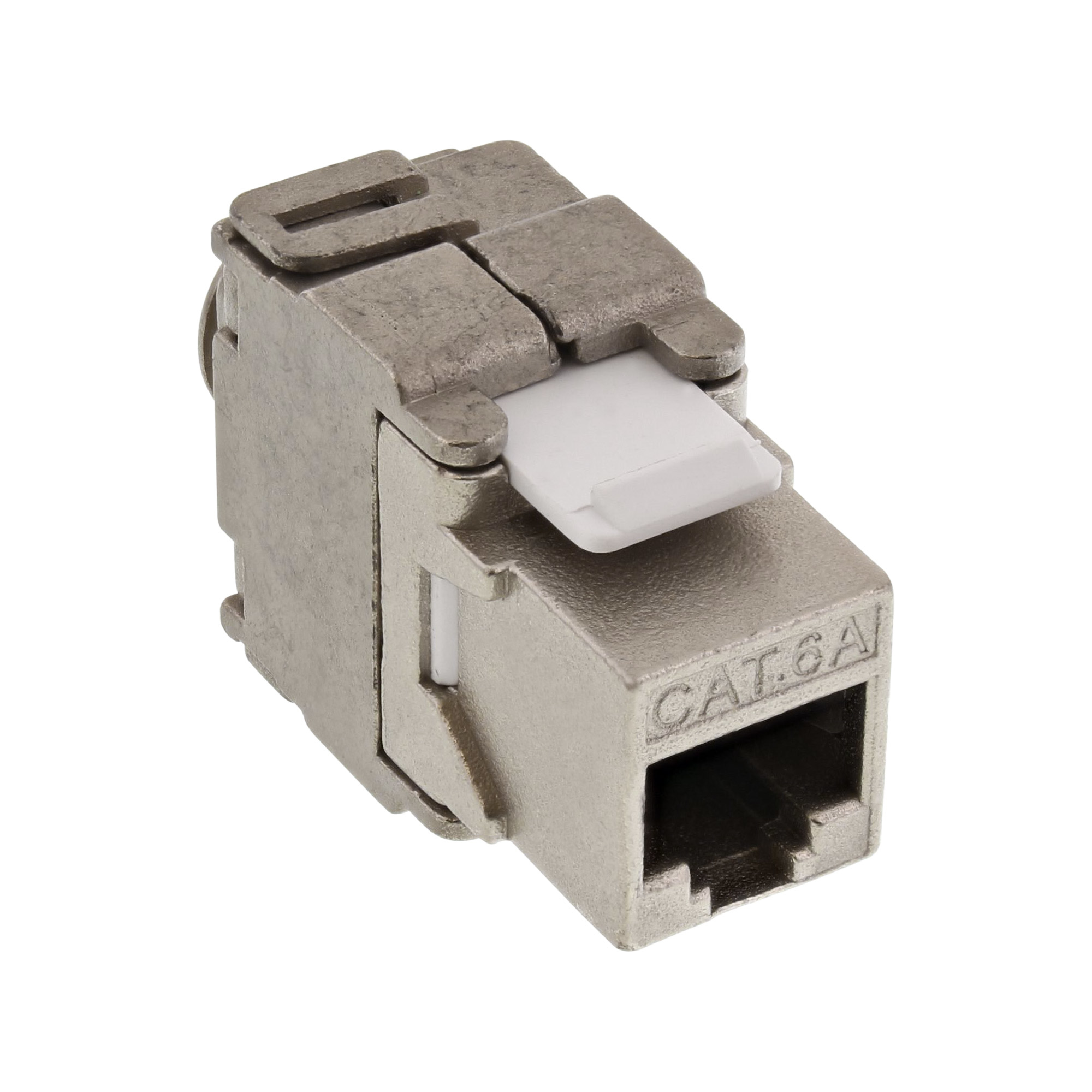 Ein RJ45-Stecker, metallisch, mit weißem Kunststoffclip und CAT 6A-Etikett.