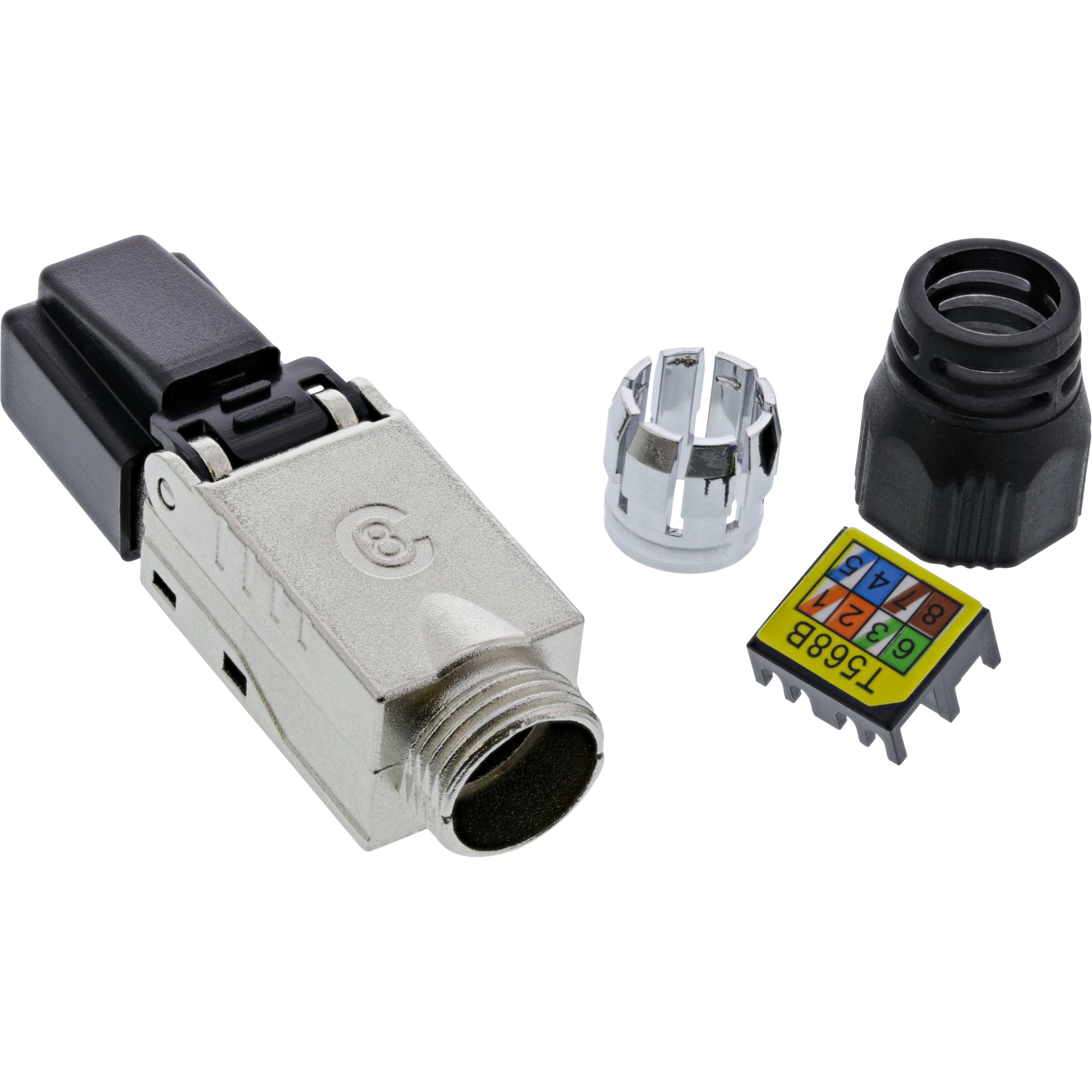Silberne und schwarze Netzwerkanschluss-Teile: Stecker, Kappe und farbcodierter RJ45-Stecker.