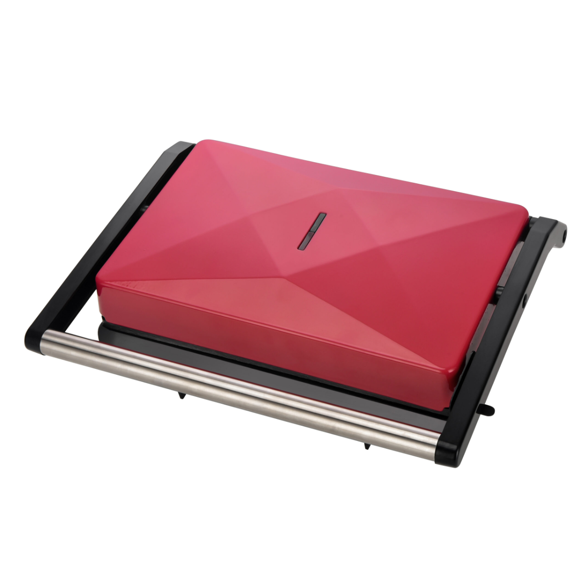 Máquina para hacer panini roja cerrada con bordes negros y asa plateada.