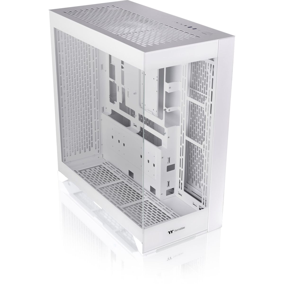 Case per computer bianco con pannello laterale in vetro, interno aperto e componenti interni bianchi.