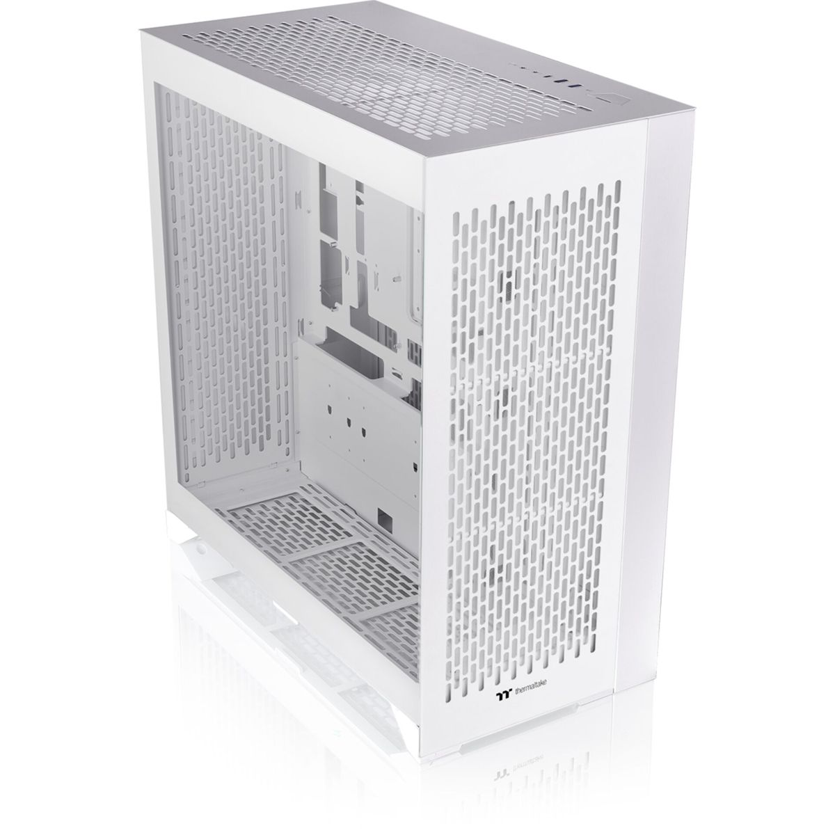 Case bianco per computer, mostrando la parte anteriore con ventilazione e pannello.
