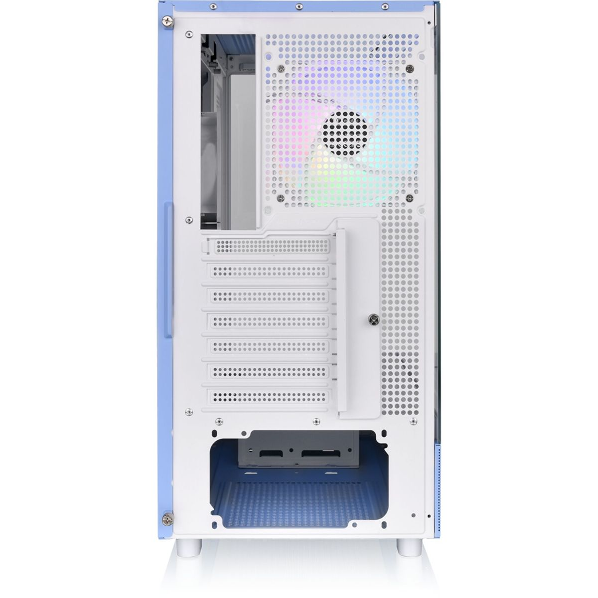 Interno del case blu e bianco, con ventola, punti di montaggio.