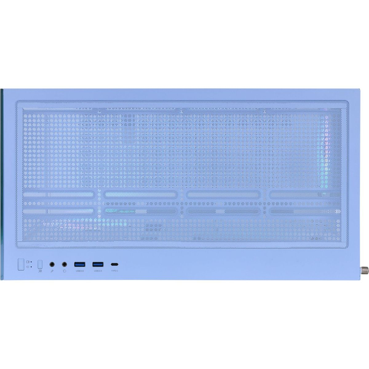 Un case per computer azzurro, con più porte e pulsanti visibili, vista dall'alto.