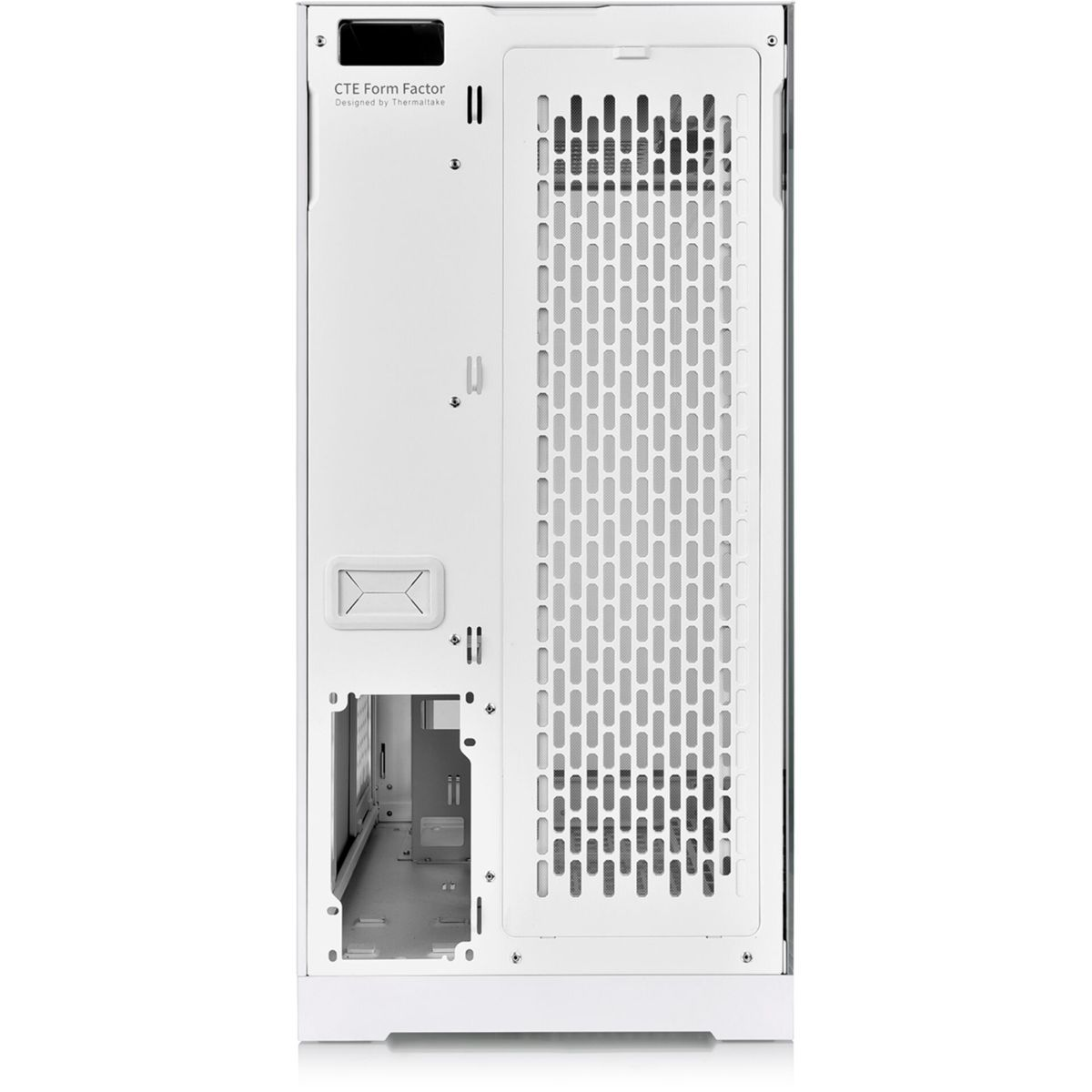 Retro di un case per computer bianco. Ha aperture per i componenti ed è progettato da Thermaltake.