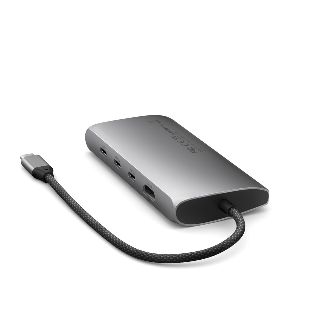 Hub argento con porte e cavo nero, angolato. Marchio Satechi.