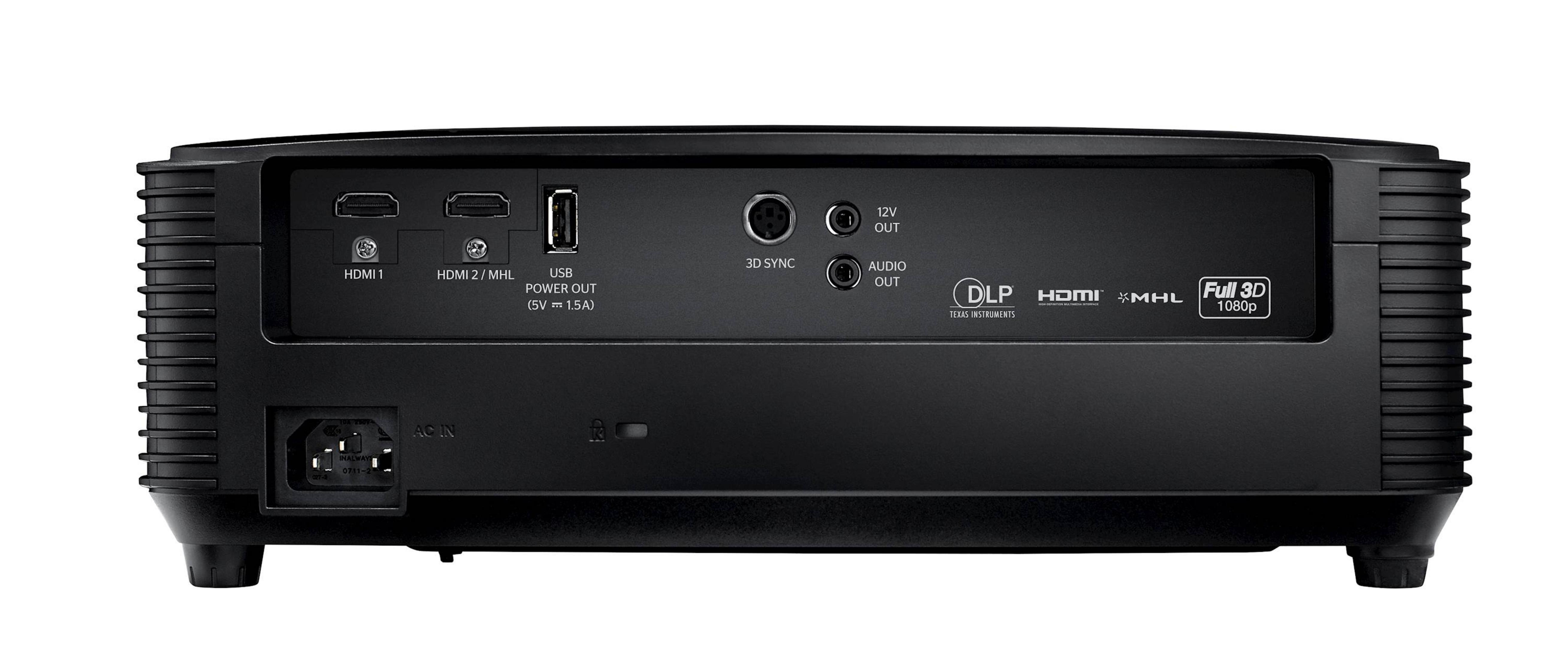 Proyector Optoma negro, vista trasera. Con puertos y etiquetas. Fondo blanco.