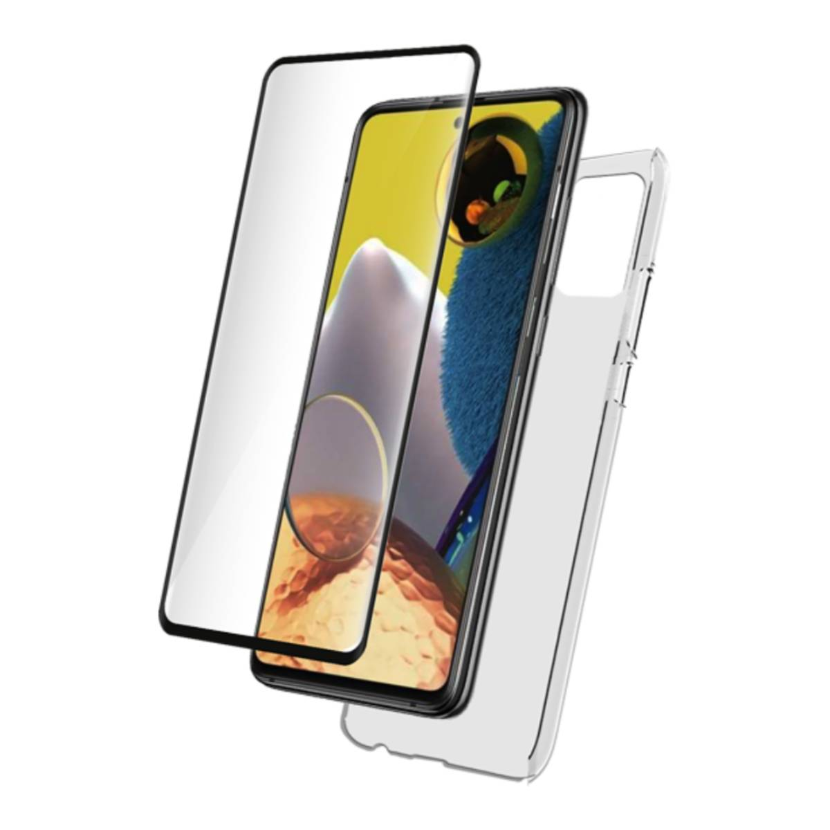 Un telefono con protezione schermo e custodia. Il telefono ha schermo giallo, su sfondo bianco.