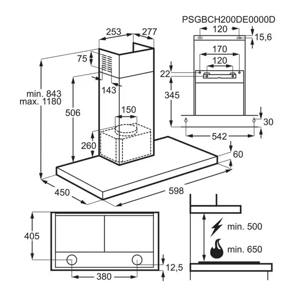 Disegno tecnico di una cappa da cucina con misure.