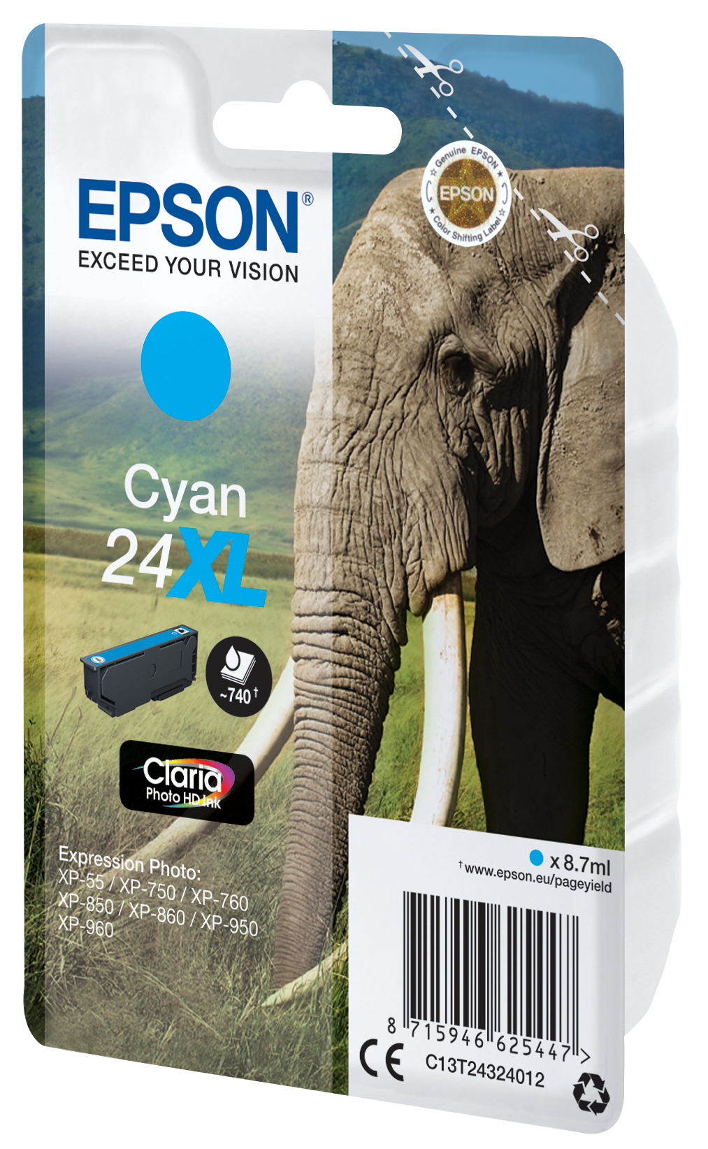 Confezione cartuccia inchiostro Epson Cyan con immagine elefante. Cartuccia inchiostro blu visibile.