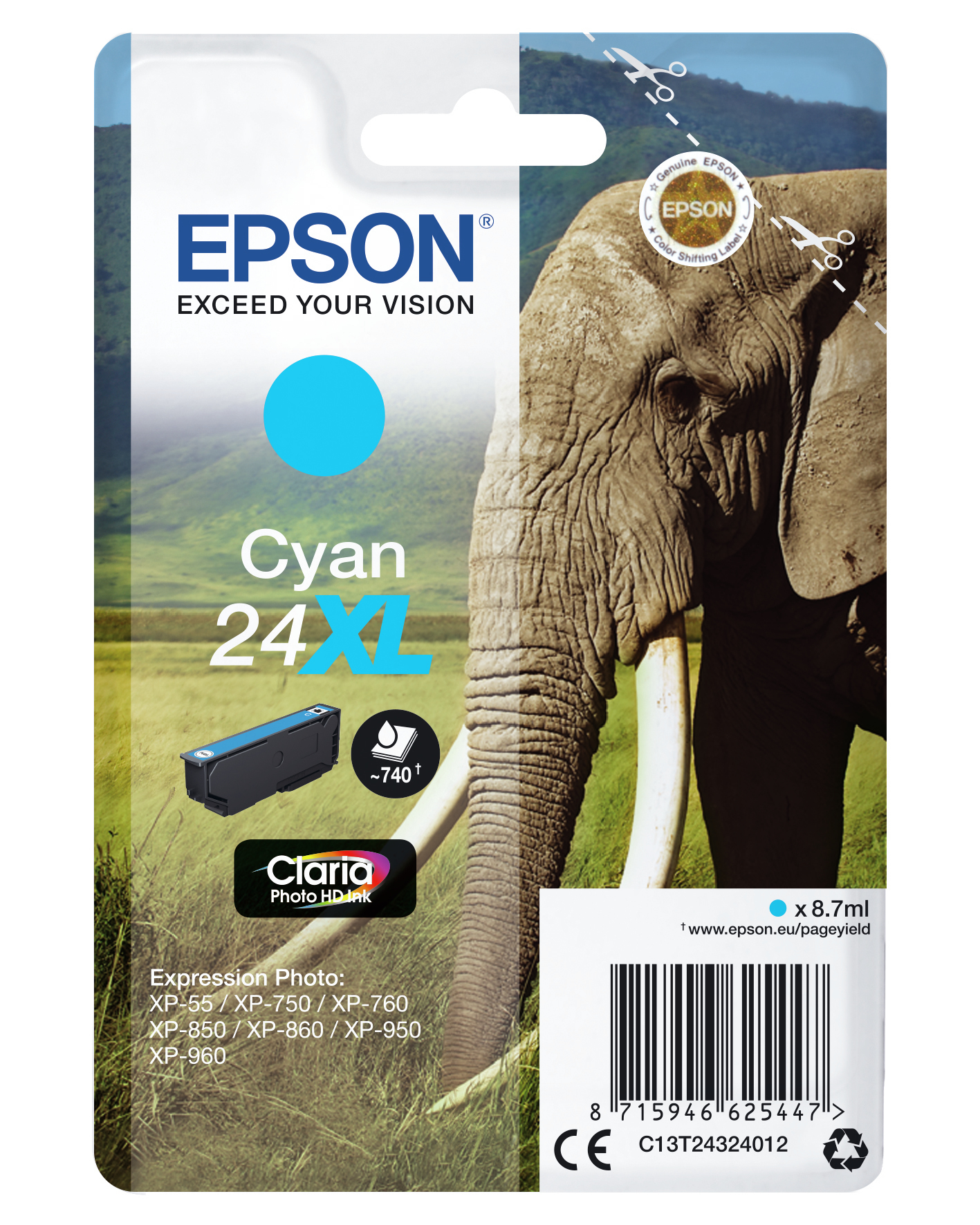 Una cartuccia d'inchiostro ciano Epson, con una grafica di elefante, su sfondo bianco. Colore ciano.