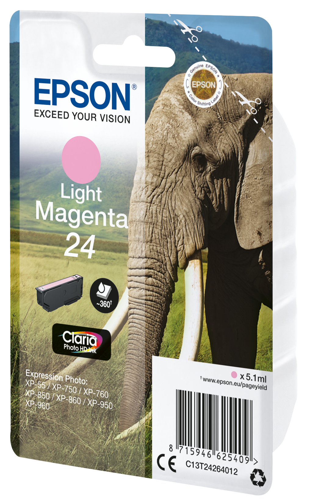 Confezione di cartucce Epson con grafica elefante e inchiostro rosa.