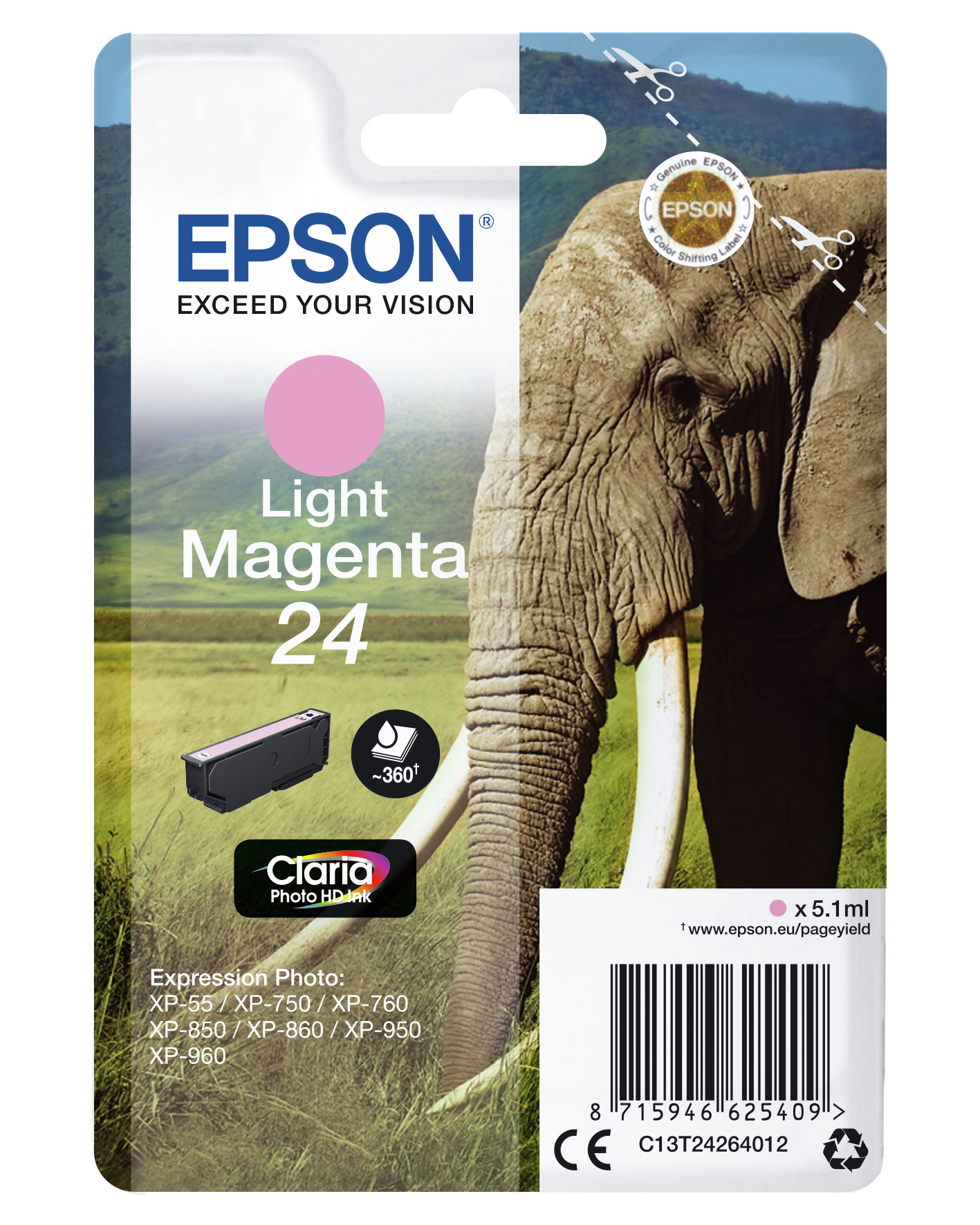 Confezione cartuccia inchiostro Epson Light Magenta. Sfondo elefante.