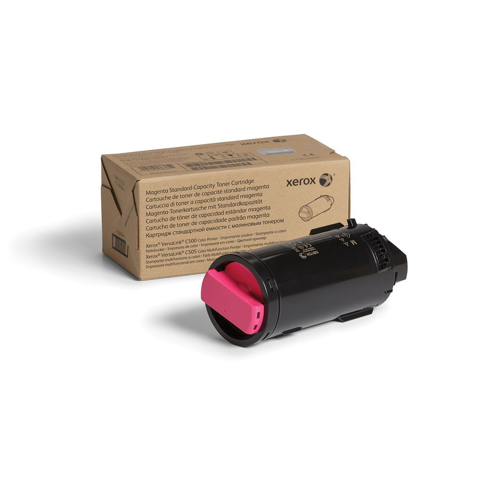 Una scatola con una cartuccia toner nera e rosa. Il marchio è Xerox.
