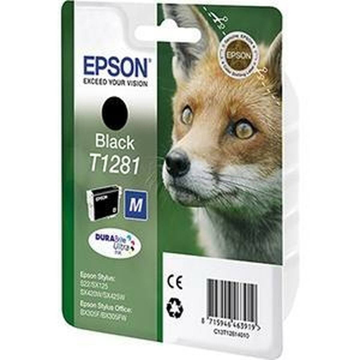 Cartucho de tinta negra Epson, T1281, con una imagen de zorro en el embalaje. La marca es Epson.