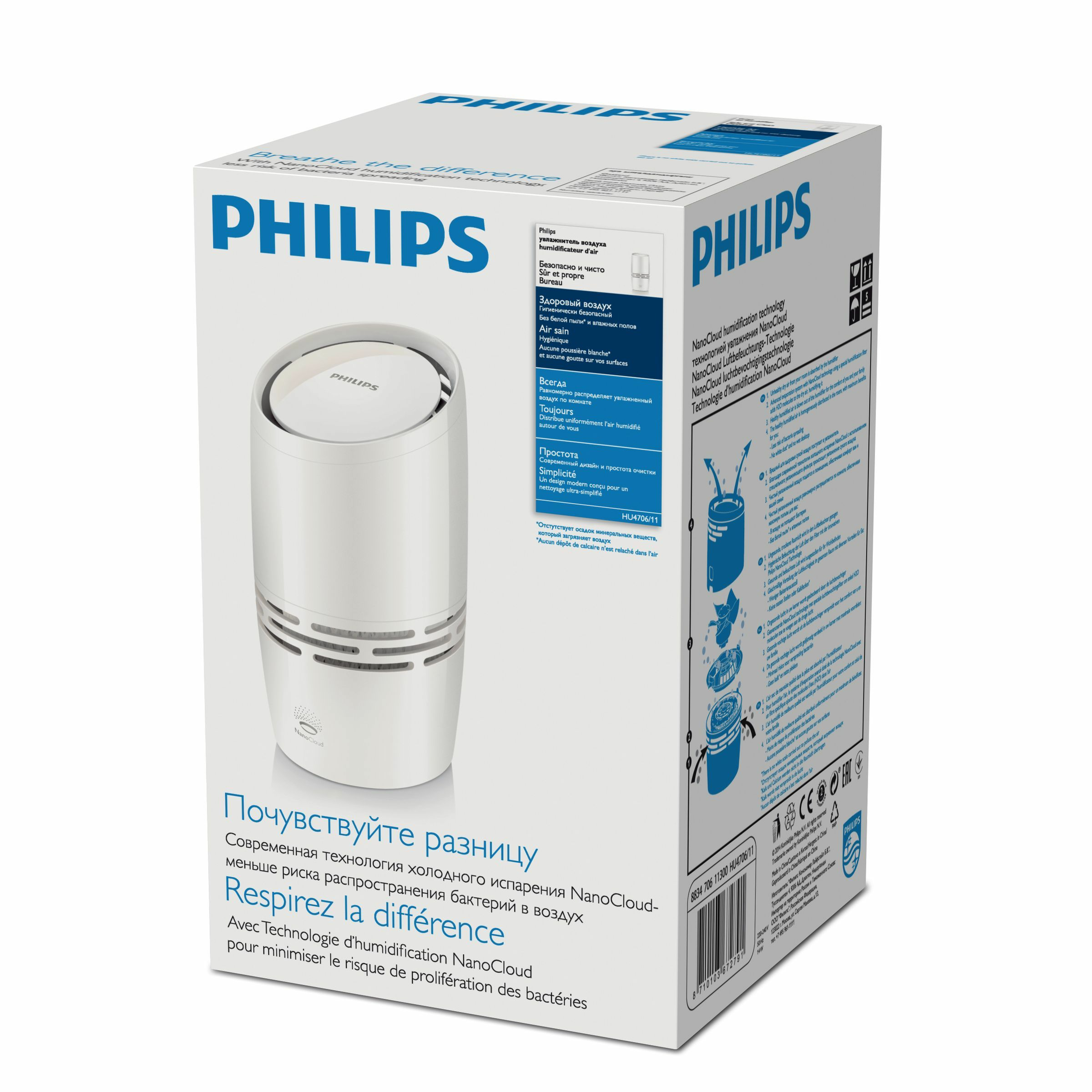Scatola del purificatore d'aria Philips con prodotto, purificatore bianco con tecnologia NanoCloud e dettagli del prodotto.