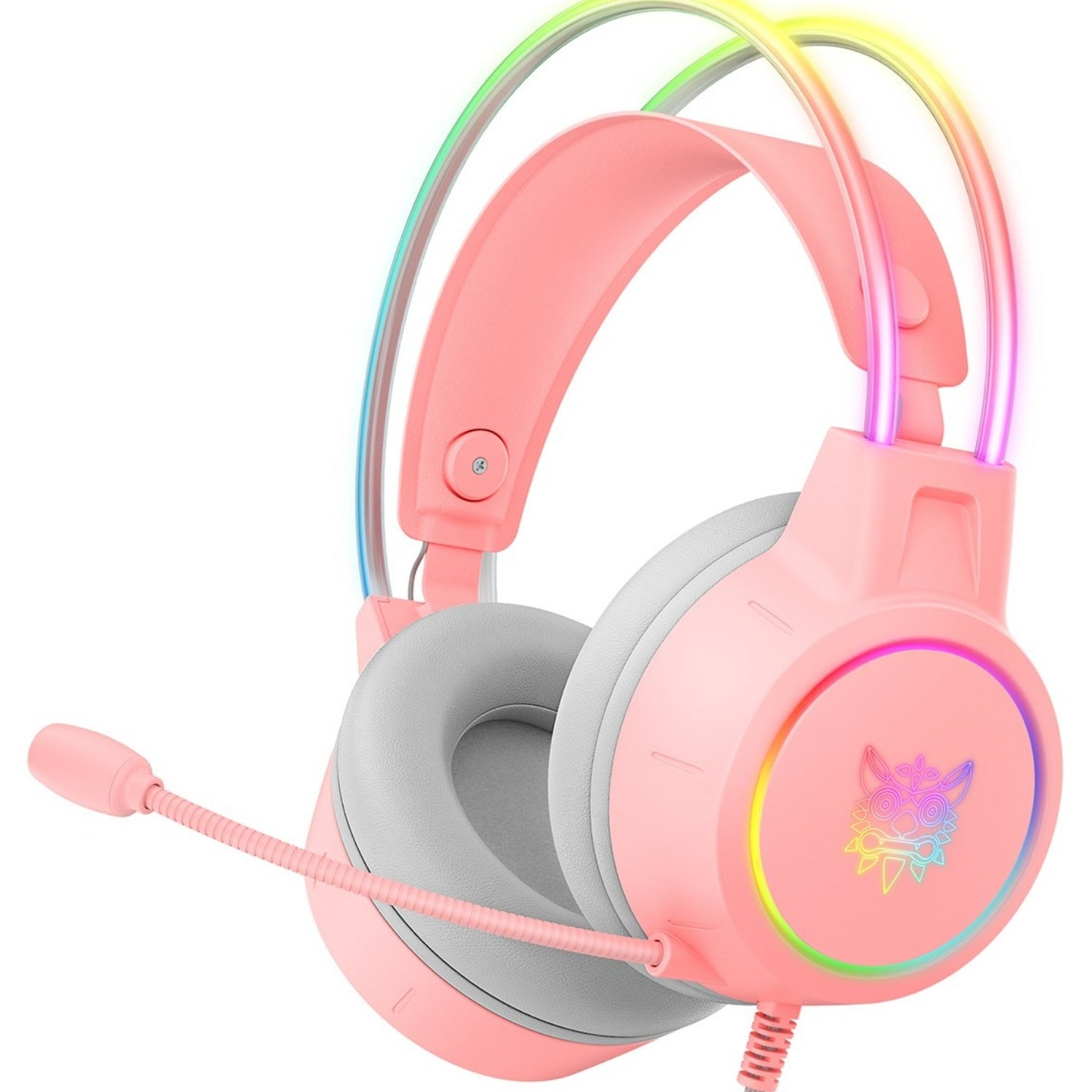 Cuffie da gaming rosa con luci a LED. Dotate di microfono e design a orecchie di gatto.