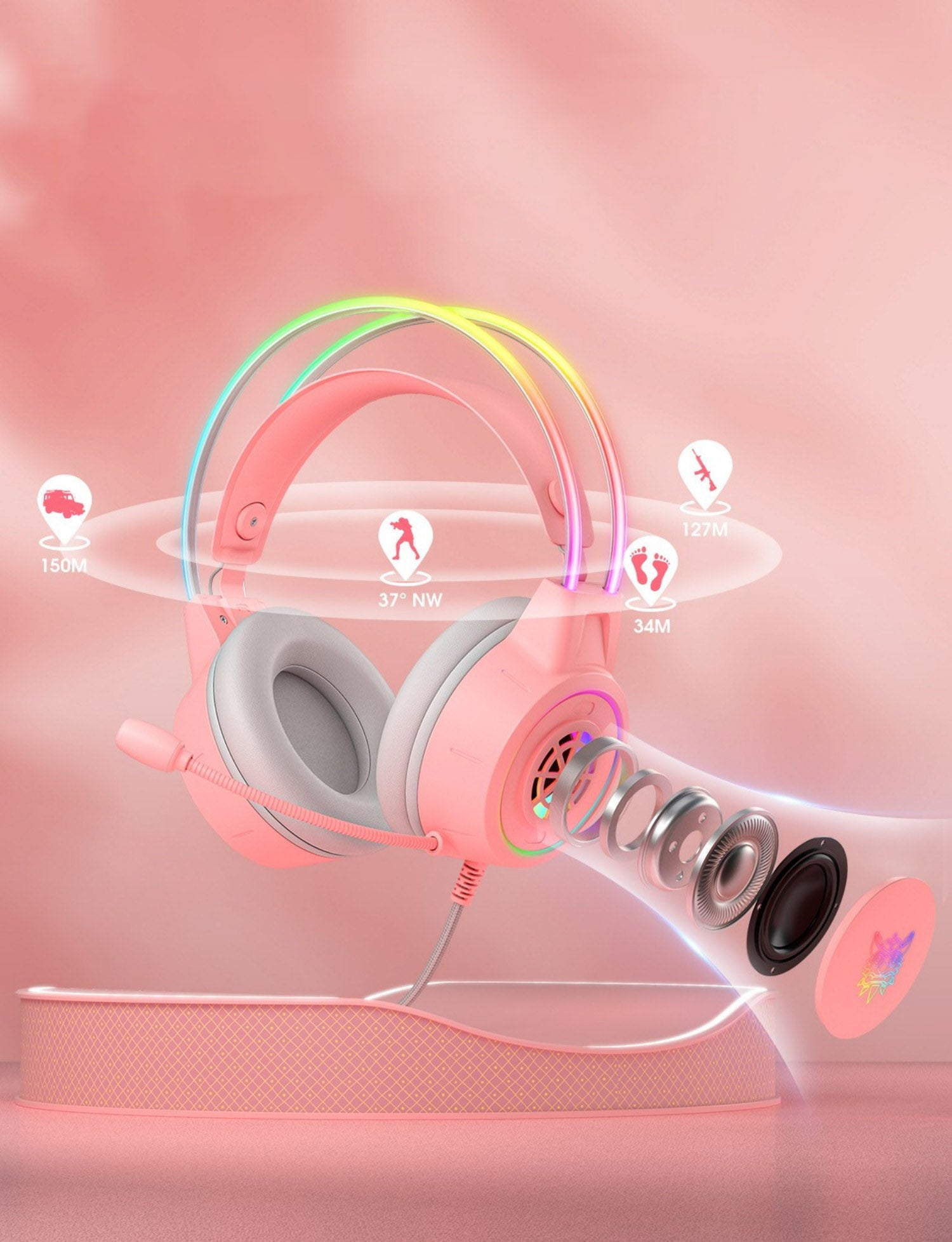 Cuffie da gaming rosa con illustrazione dell'onda sonora, comprese onde sonore e indicatori di posizione.