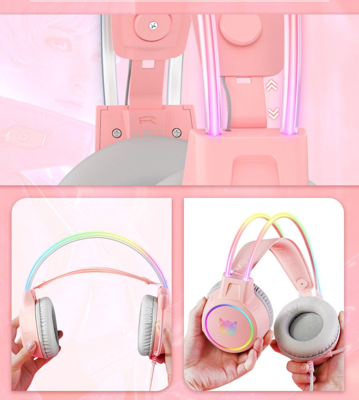 Cuffie da gioco rosa con luci e design a orecchie di gatto. Anche lo sfondo è rosa.