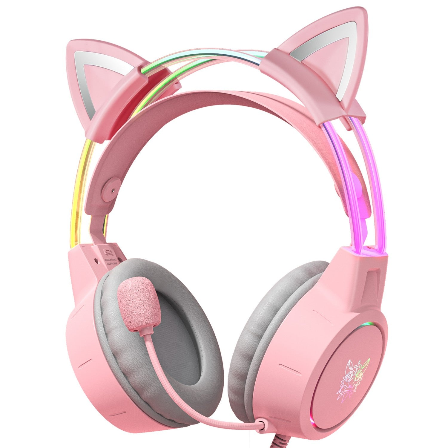 Cuffie da gaming rosa con orecchie da gatto, luci a LED e microfono. Vista angolata.