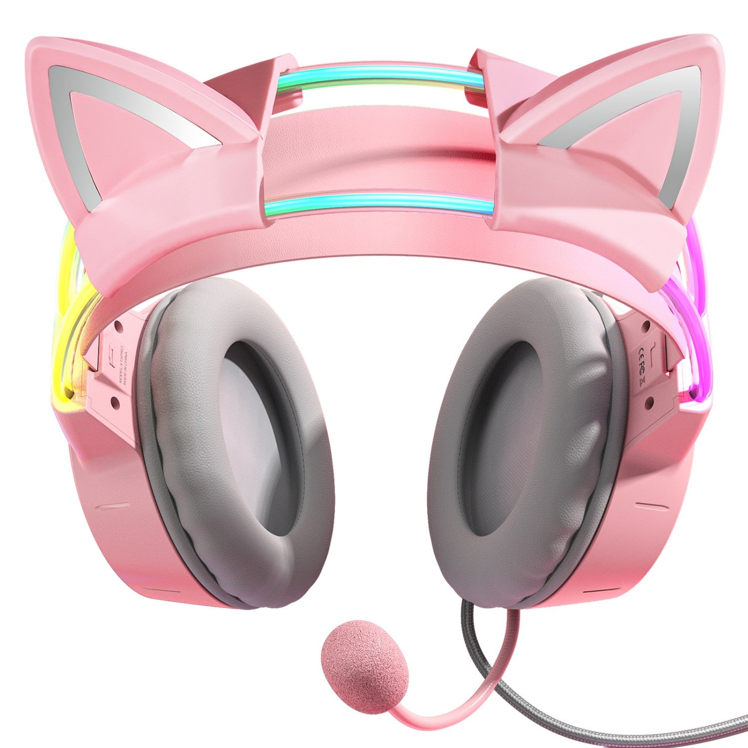Cuffie rosa con orecchie da gatto. Lo sfondo è bianco.