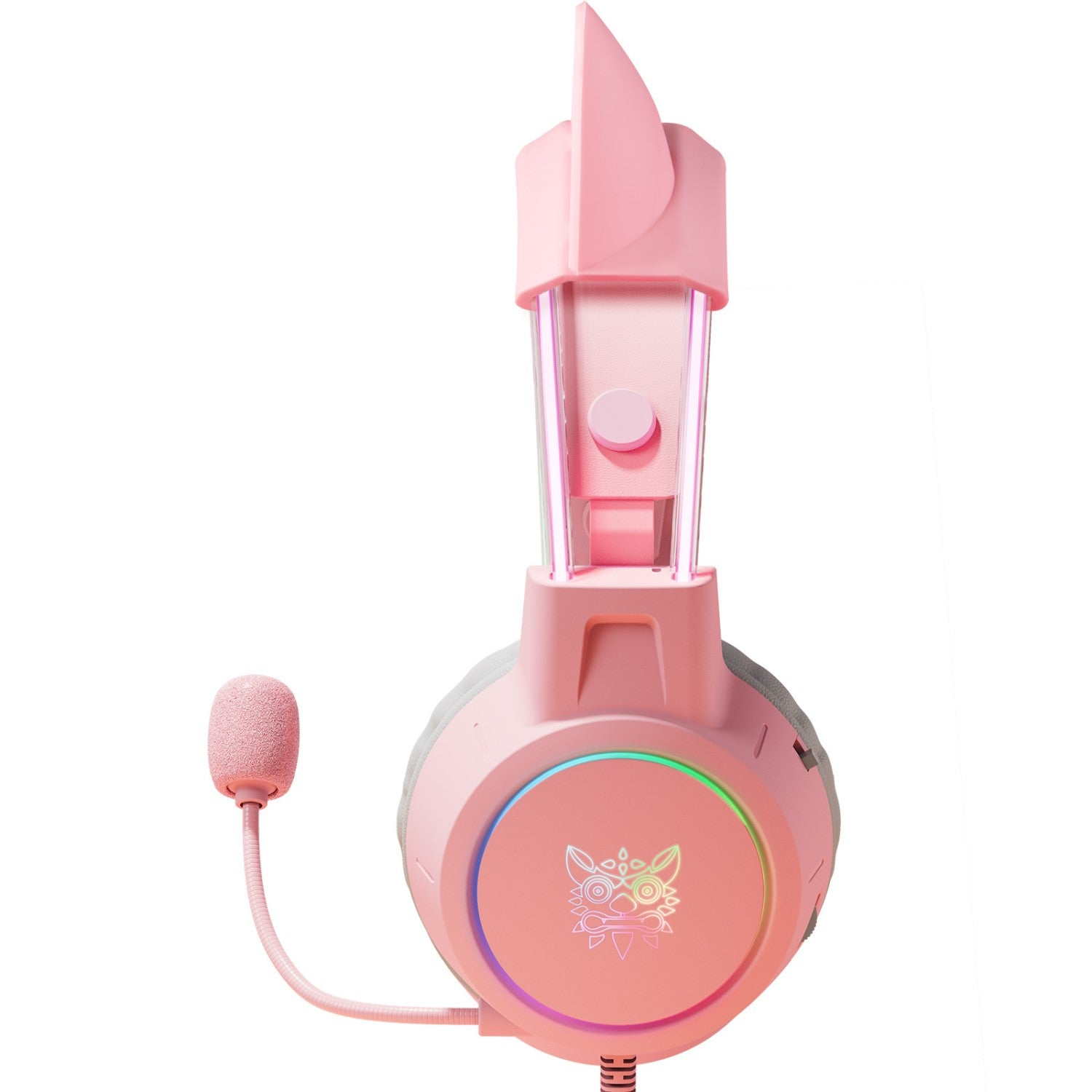Cuffie da gaming rosa con microfono e design unico a forma di orecchio di gatto.