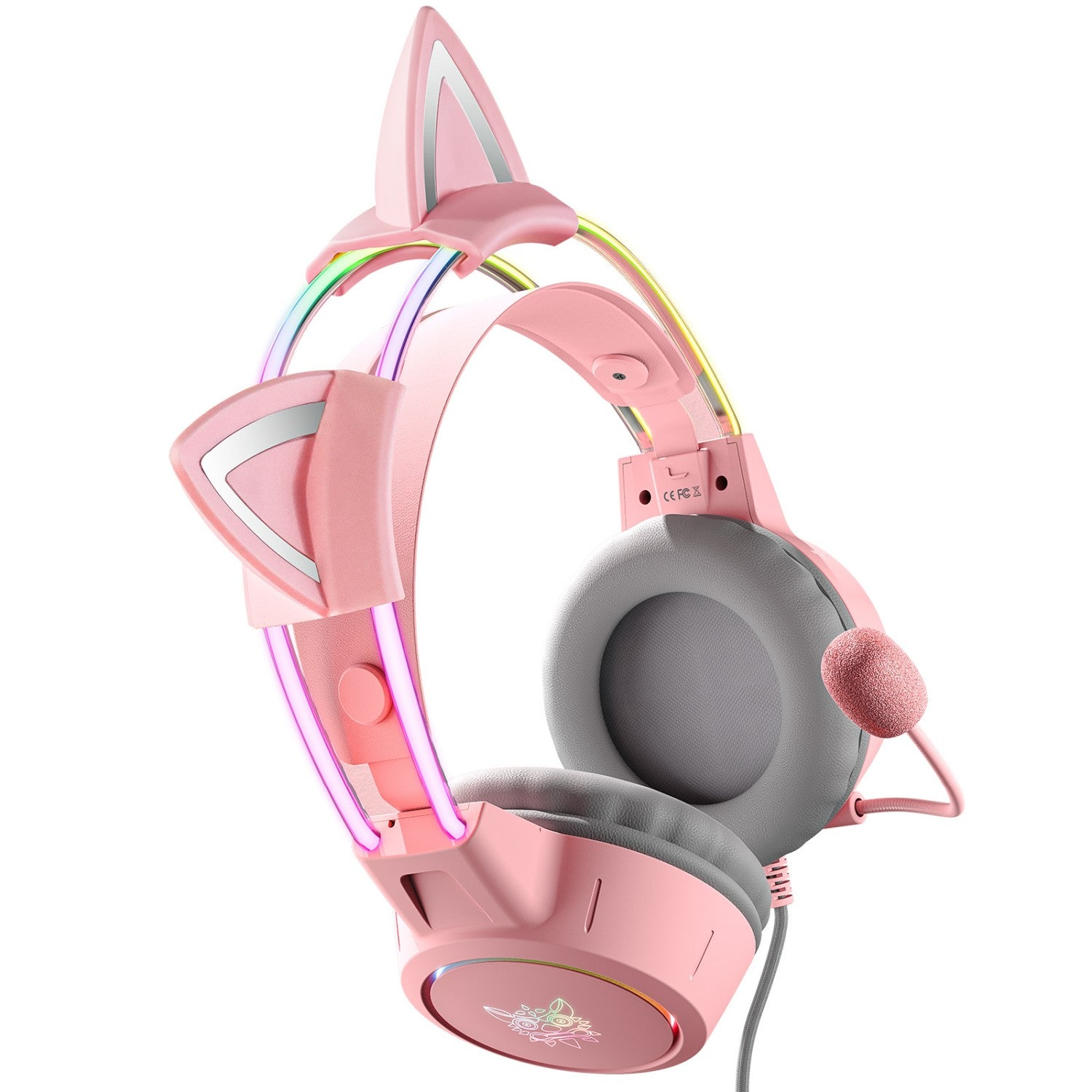 Cuffie da gaming rosa con orecchie da gatto, luci a LED e microfono. Vista angolata.