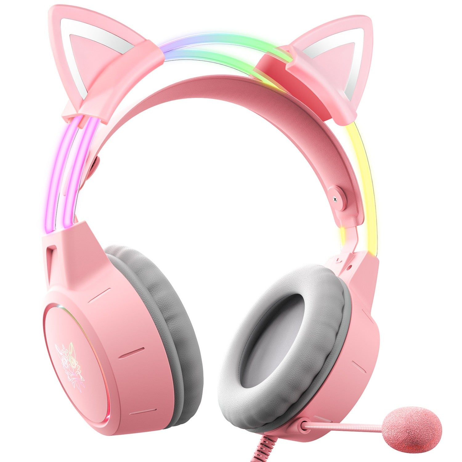 Cuffie da gaming rosa con orecchie da gatto, microfono e luci a LED. Vista angolata.