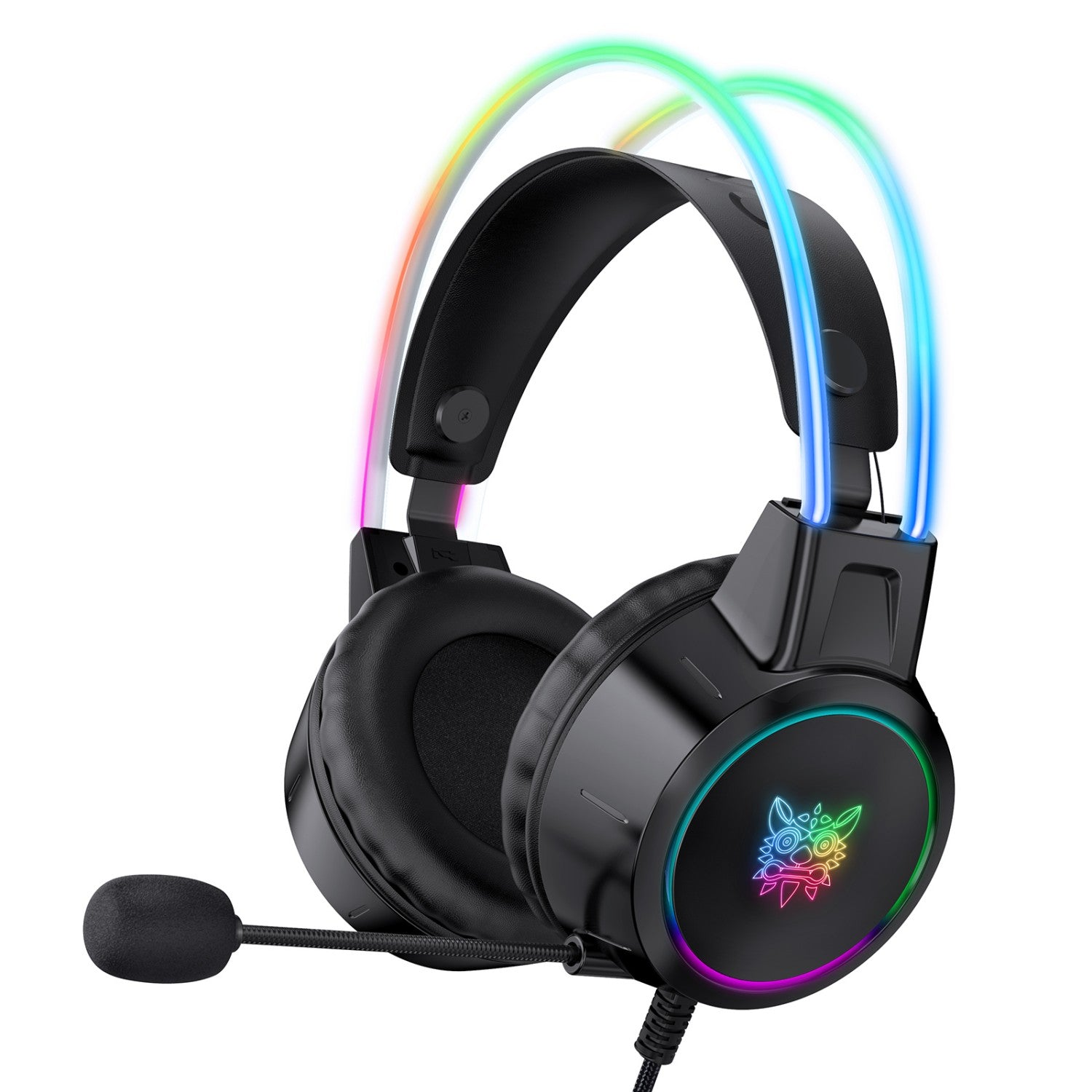 Auriculares para juegos negros con luces arcoíris y micrófono. Fondo blanco.
