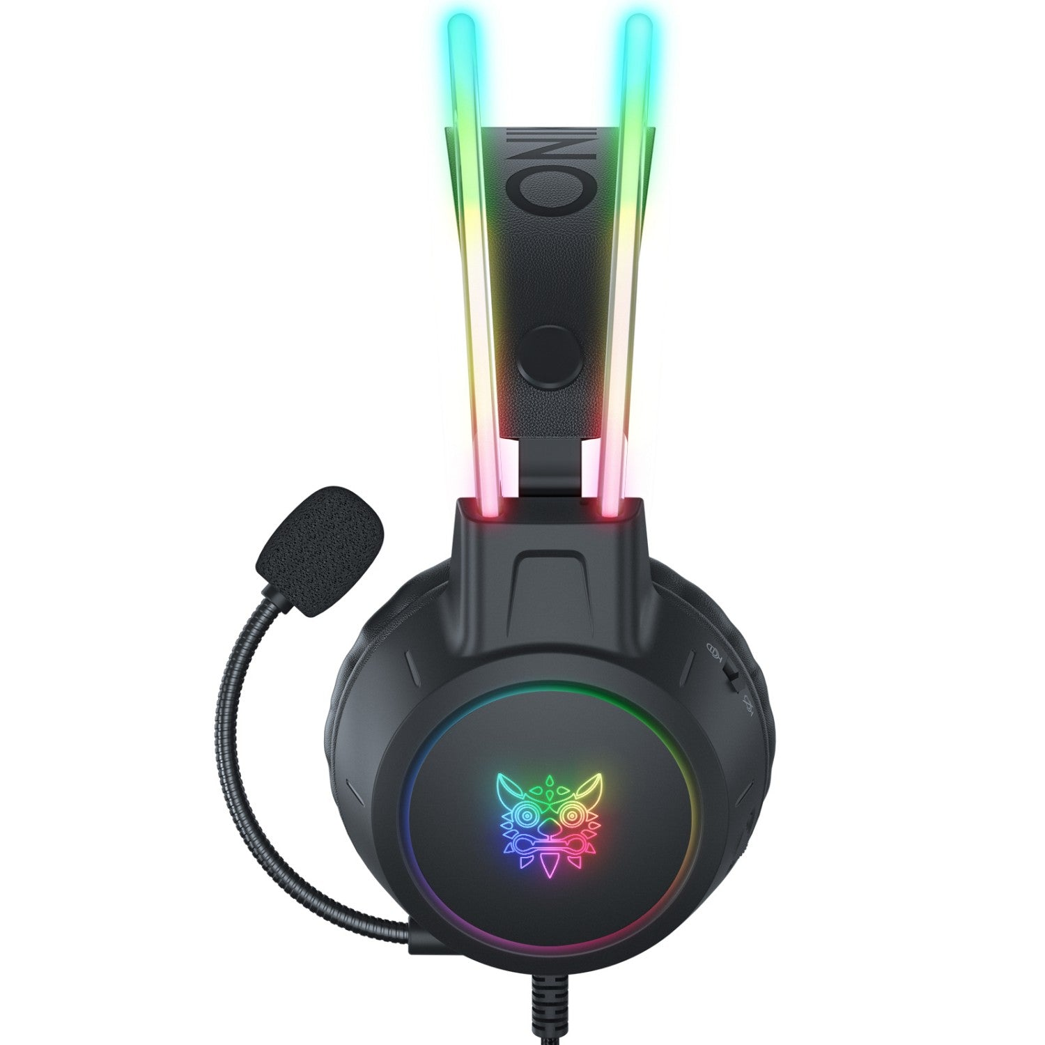 Auriculares gaming negros con luces LED, micrófono y diseño detallado.