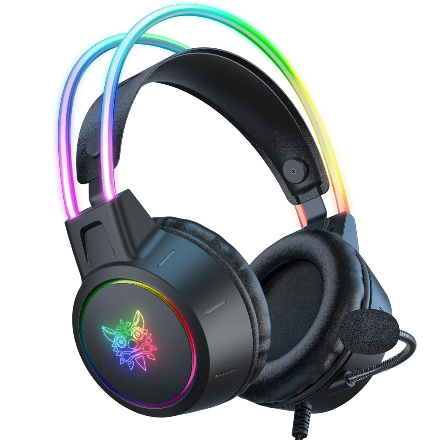 Auriculares para juegos negros con luces arcoíris en la diadema y los auriculares. Micrófono negro.