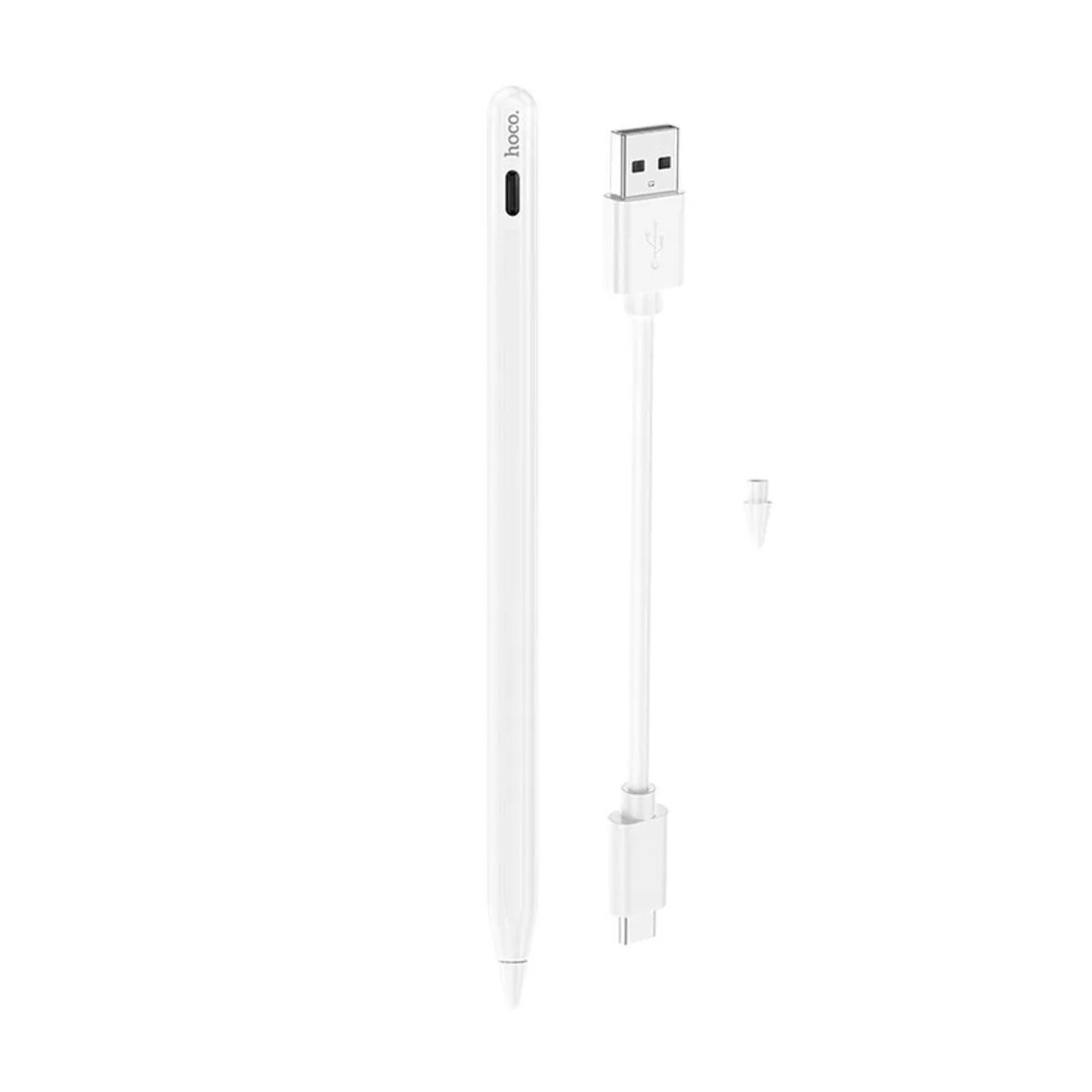 Ein weißer Stift mit Ladekabel und Spitze vor weißem Hintergrund.