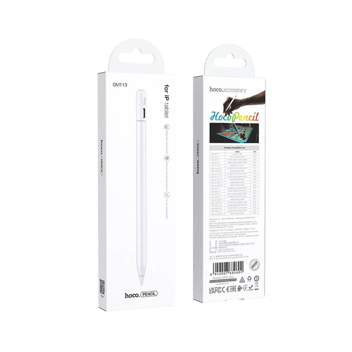Weißer, stiftförmiger Stylus mit Schachtel. Die Schachtel hat eine Stiftillustration auf der Rückseite.