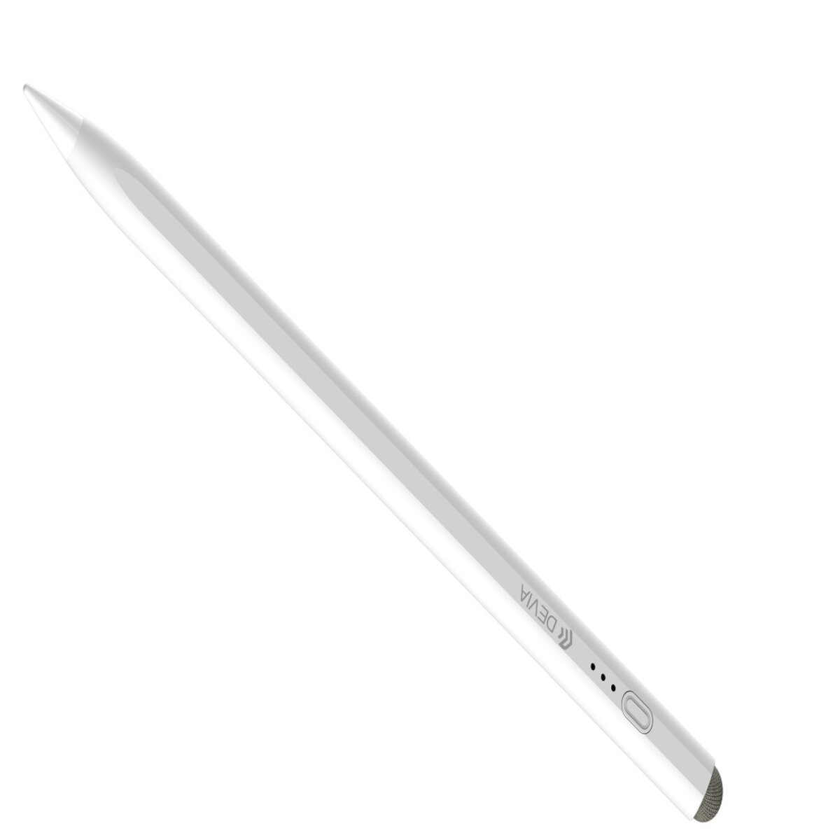 Ein weißer Stift mit silbernem Band und grauer Spitze. Der Markenname "DEVIA" ist aufgedruckt.