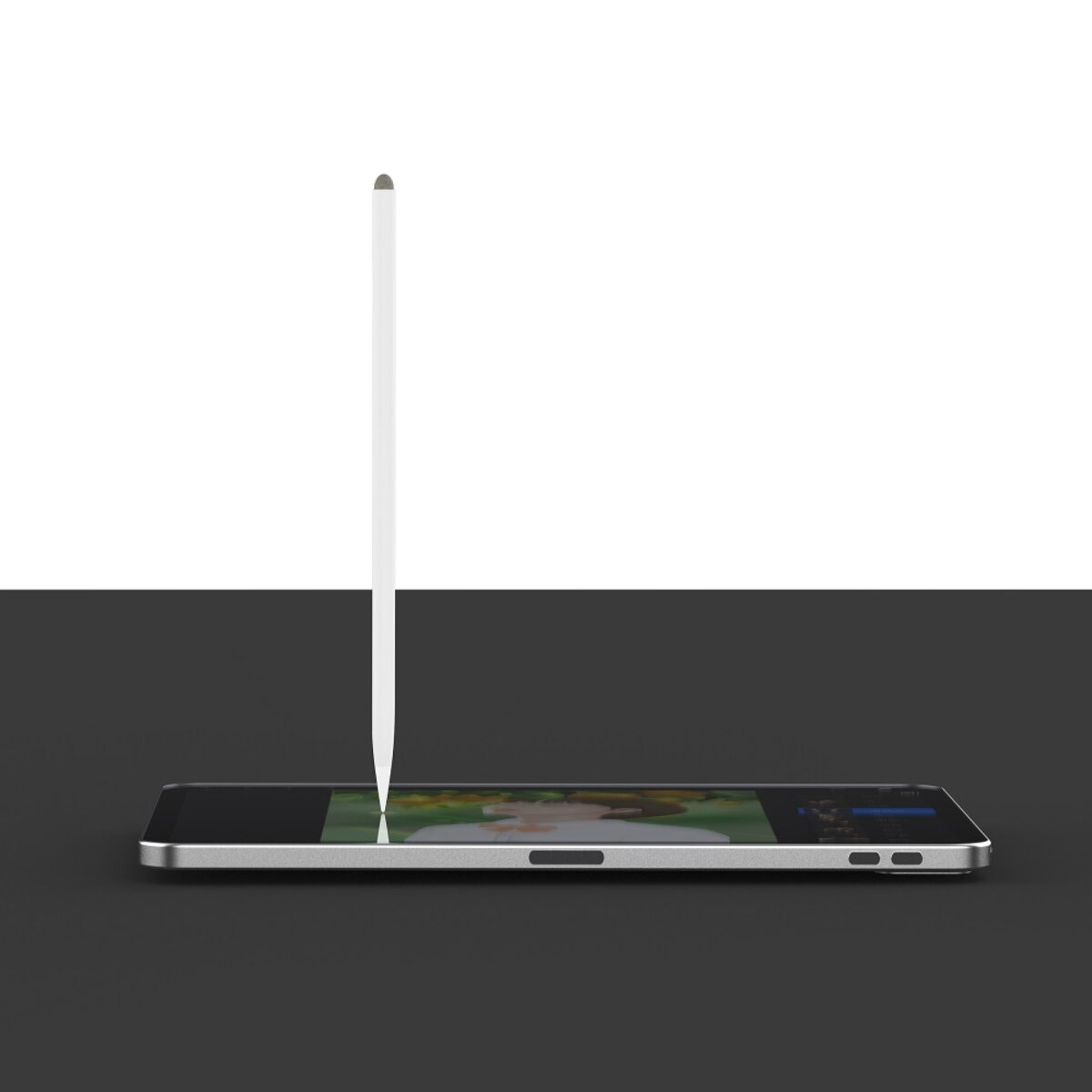 Ein weißer Stift steht auf einem Tablet. Das Tablet ist schwarz, der Hintergrund weiß.