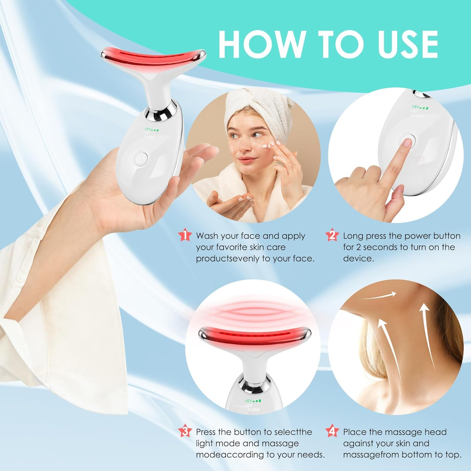 Diagramm zur Verwendung eines Gesichtsmassagegeräts, mit Schritten und Illustrationen.