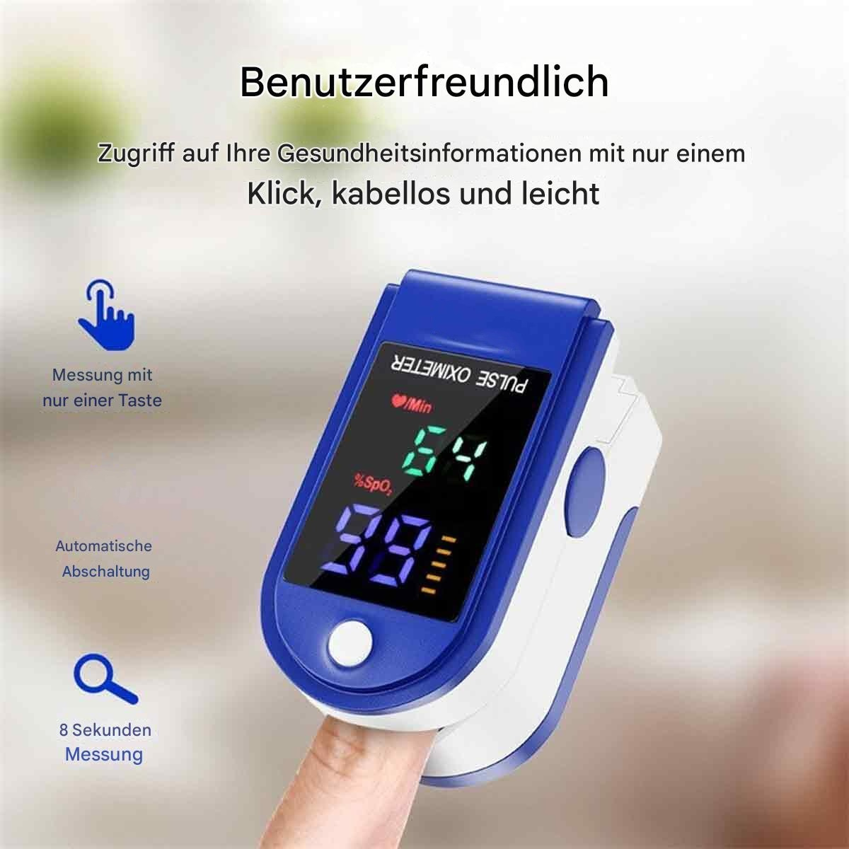 Blaues und weißes Pulsoximeter an einem Finger, zeigt Messwerte.