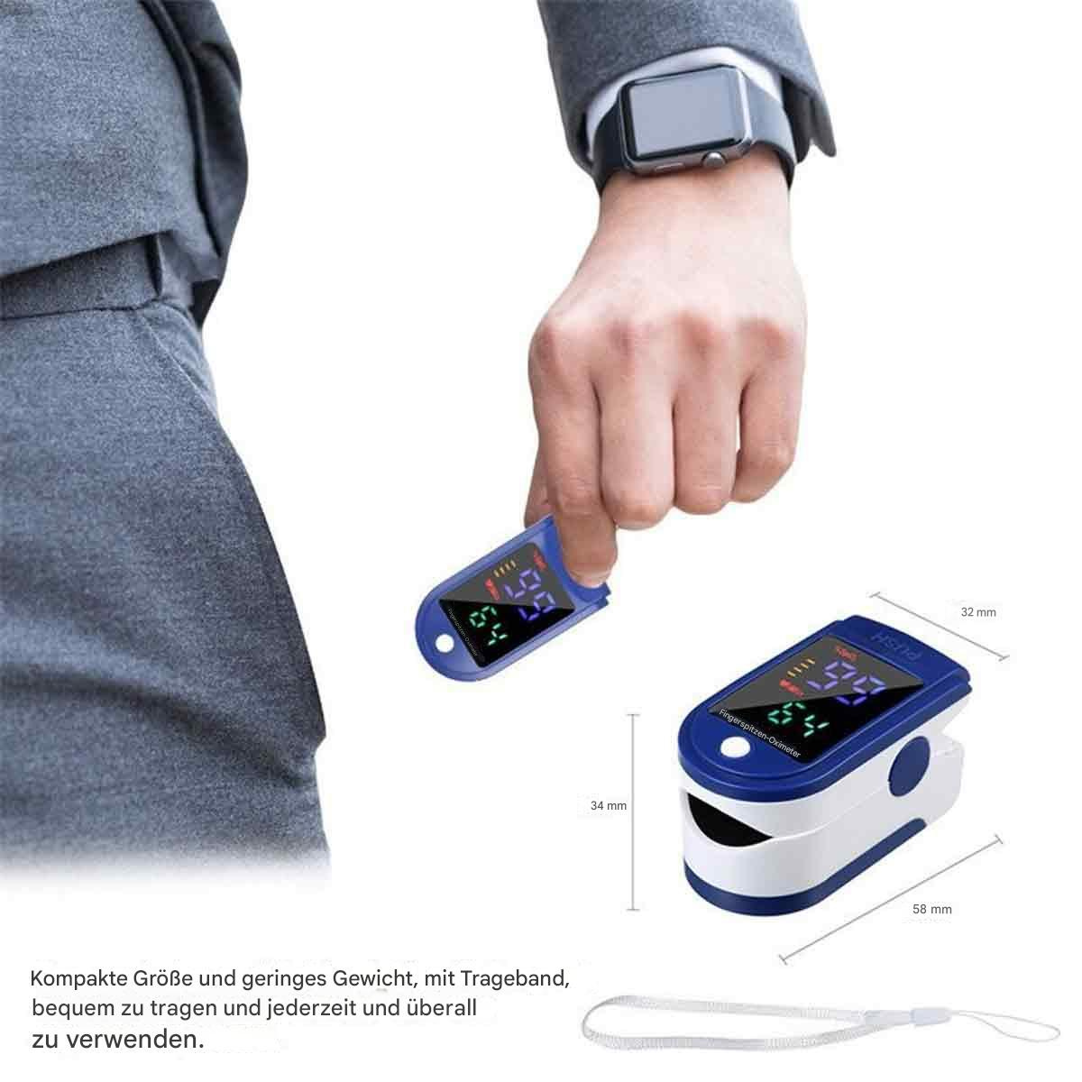 Zwei Finger-Pulsoximeter, eines in Gebrauch. Die Oximeter sind klein, blau und weiß, mit Digitalanzeigen.