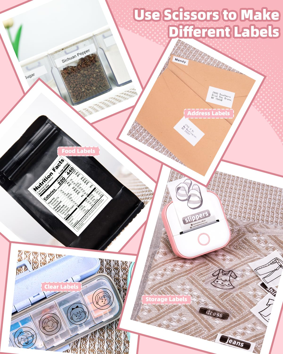 Collage von Etiketten: Lebensmittel, Adresse, klar und Lagerung. Etiketten werden mit Etikettendrucker erstellt.