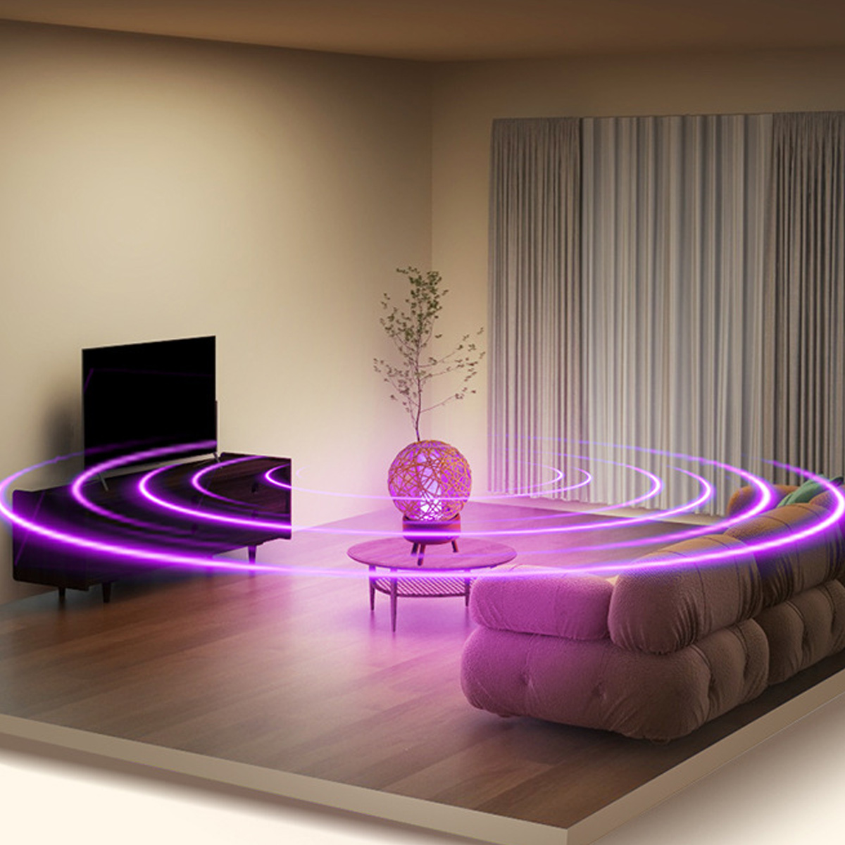 Wohnzimmerszene mit Fernseher, Lampe und Sofa. Lila Lichtwellen umgeben die Möbel.