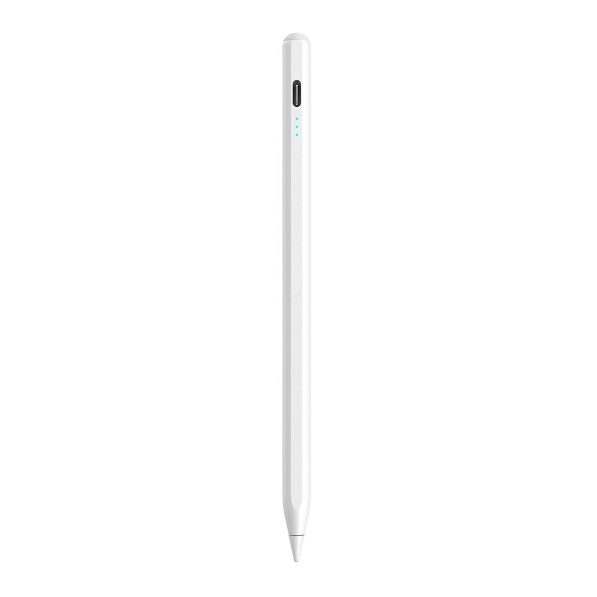Weißer Eingabestift mit glatter Oberfläche, mit Ladeanschluss und drei blauen Kontrollleuchten. Die Spitze ist abgewinkelt.