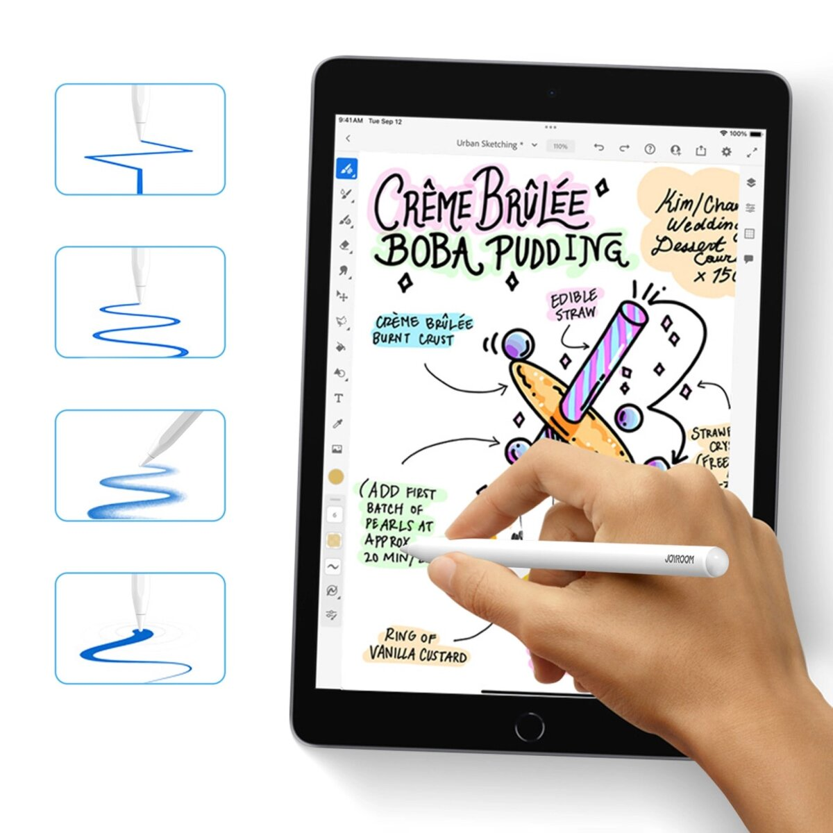 Tablet mit Rezeptnotizen. Eine Hand hält einen Stift. Blaue Linien und Notizen.