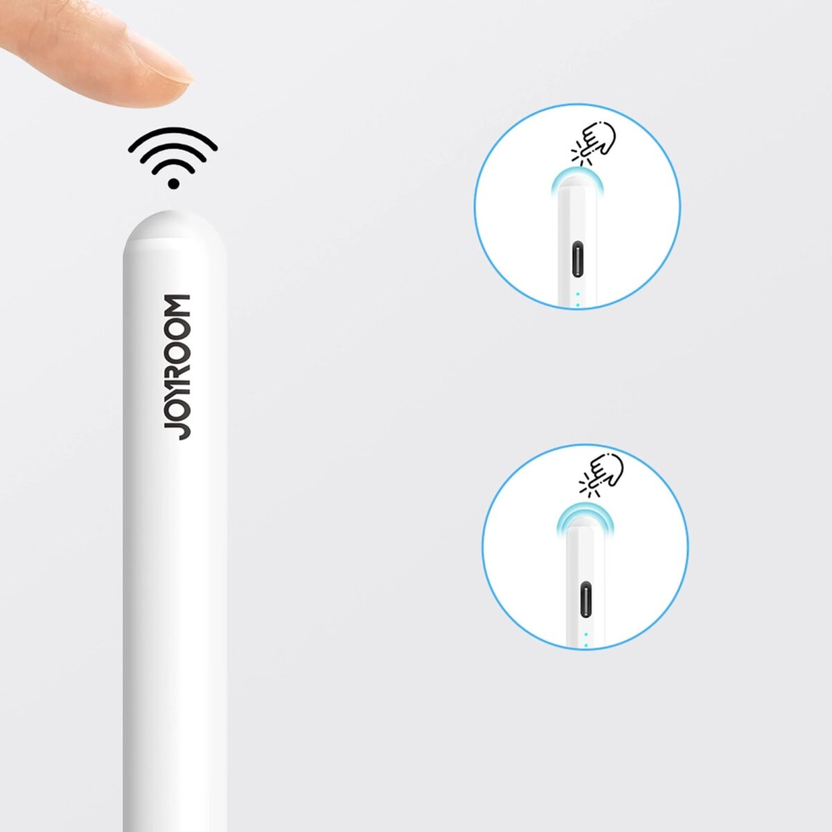 Weißer Stift mit Joyroom-Logo. Ein Finger berührt die Oberseite. Zwei kleine kreisförmige Symbole.