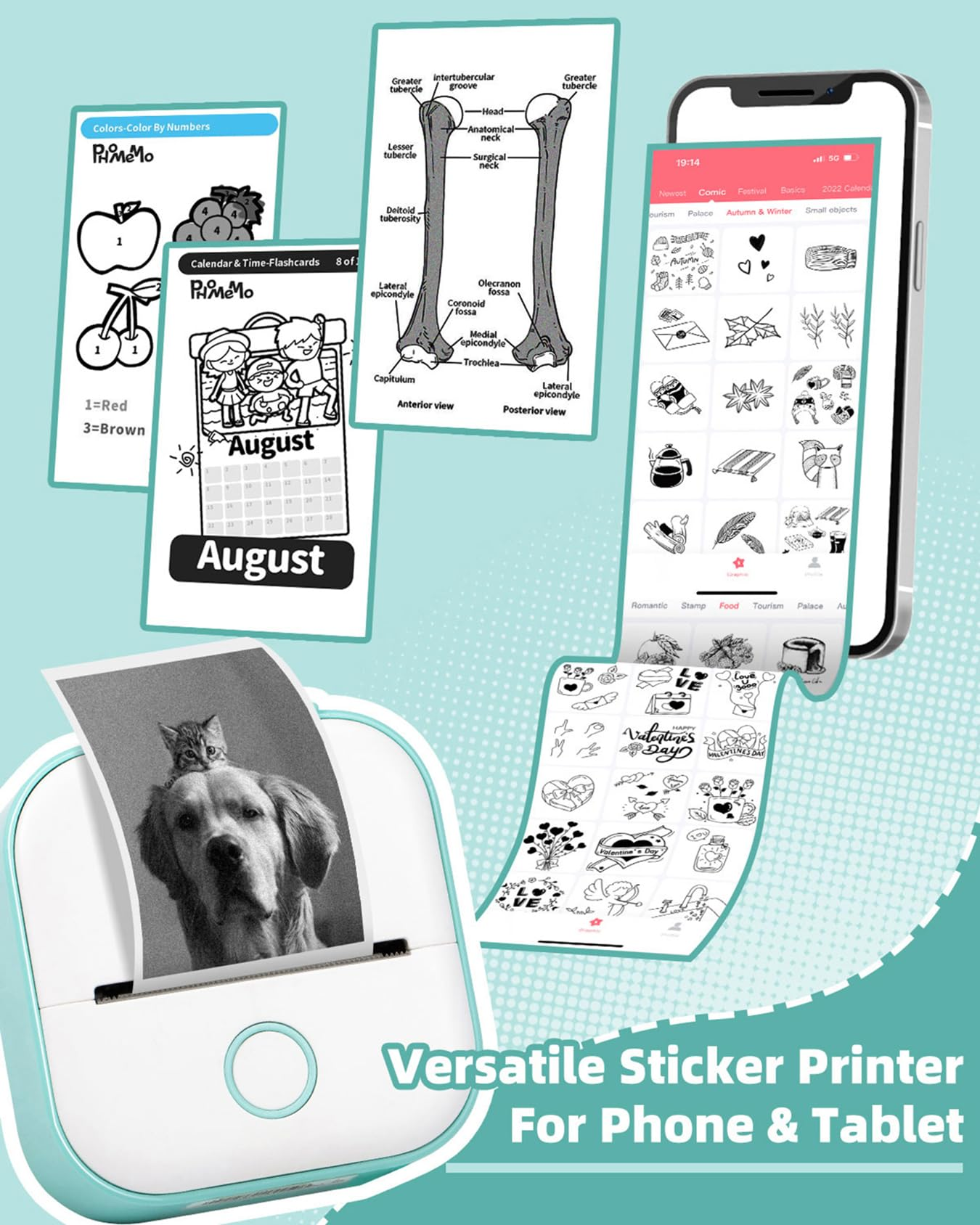 Drucker mit Karten, Telefon mit Aufklebern, Knochendiagramm. Im Vordergrund ein Hund mit Katze auf dem Kopf. Text: Vielseitiger Aufkleberdrucker.