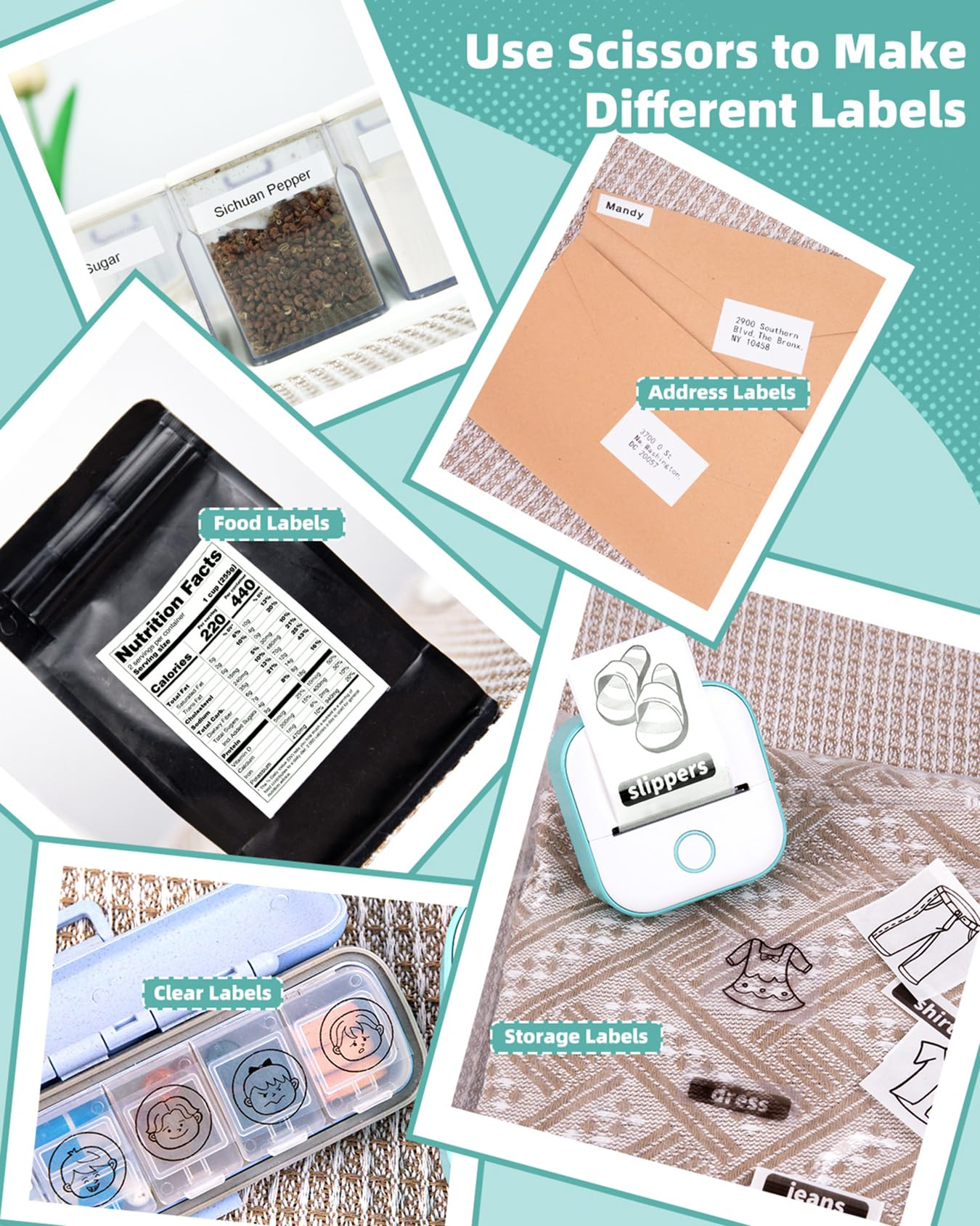Verschiedene Etiketten, gedruckt mit einem Mini-Drucker: Lebensmittel-, Adress-, transparente und Aufkleber.